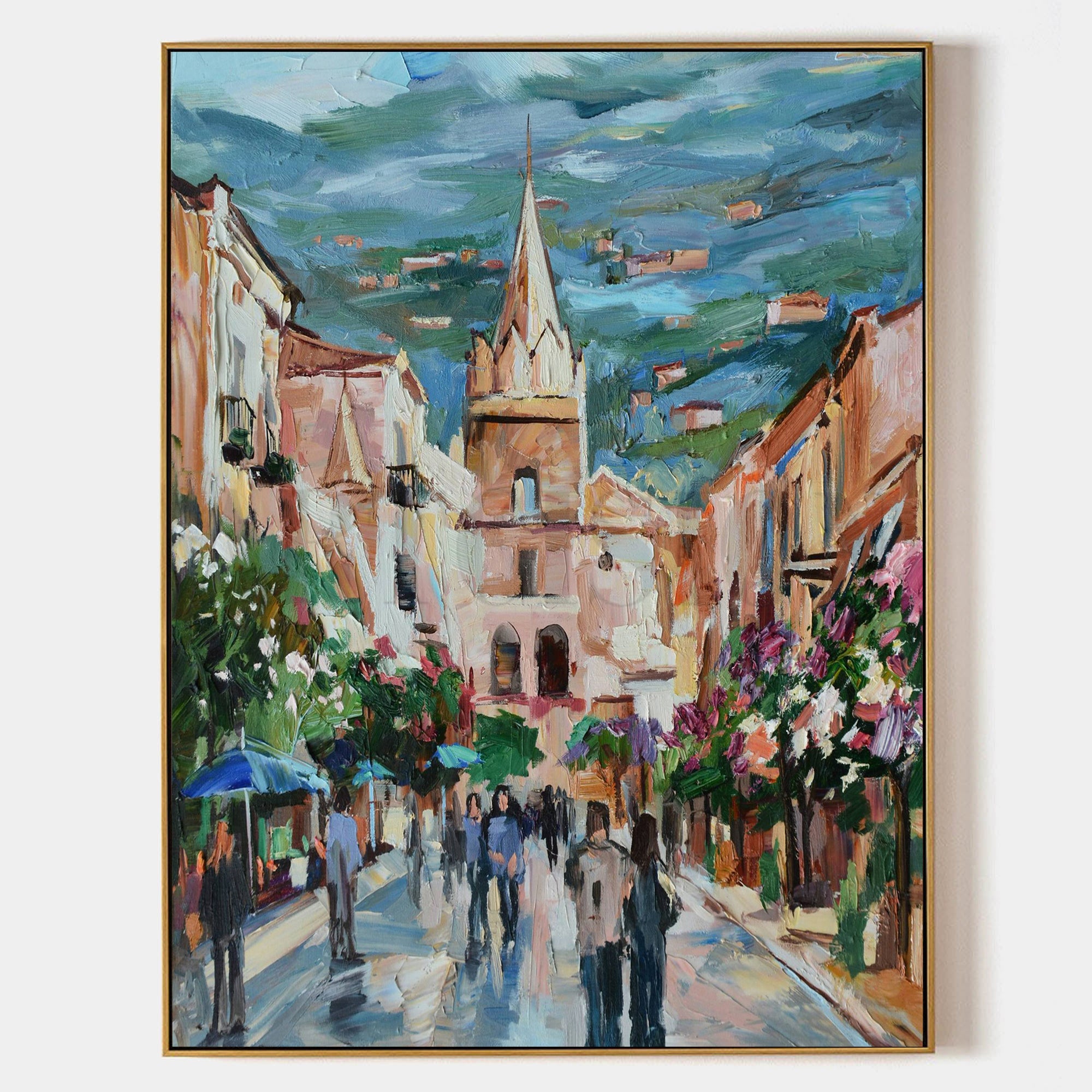 a painting of people walking down a city street