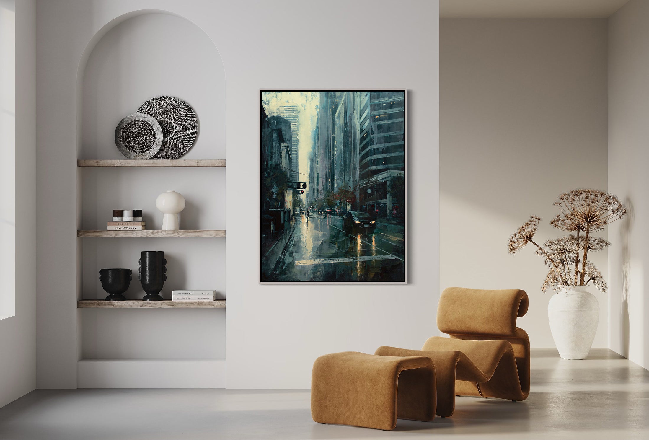 a painting of a city street in a living room