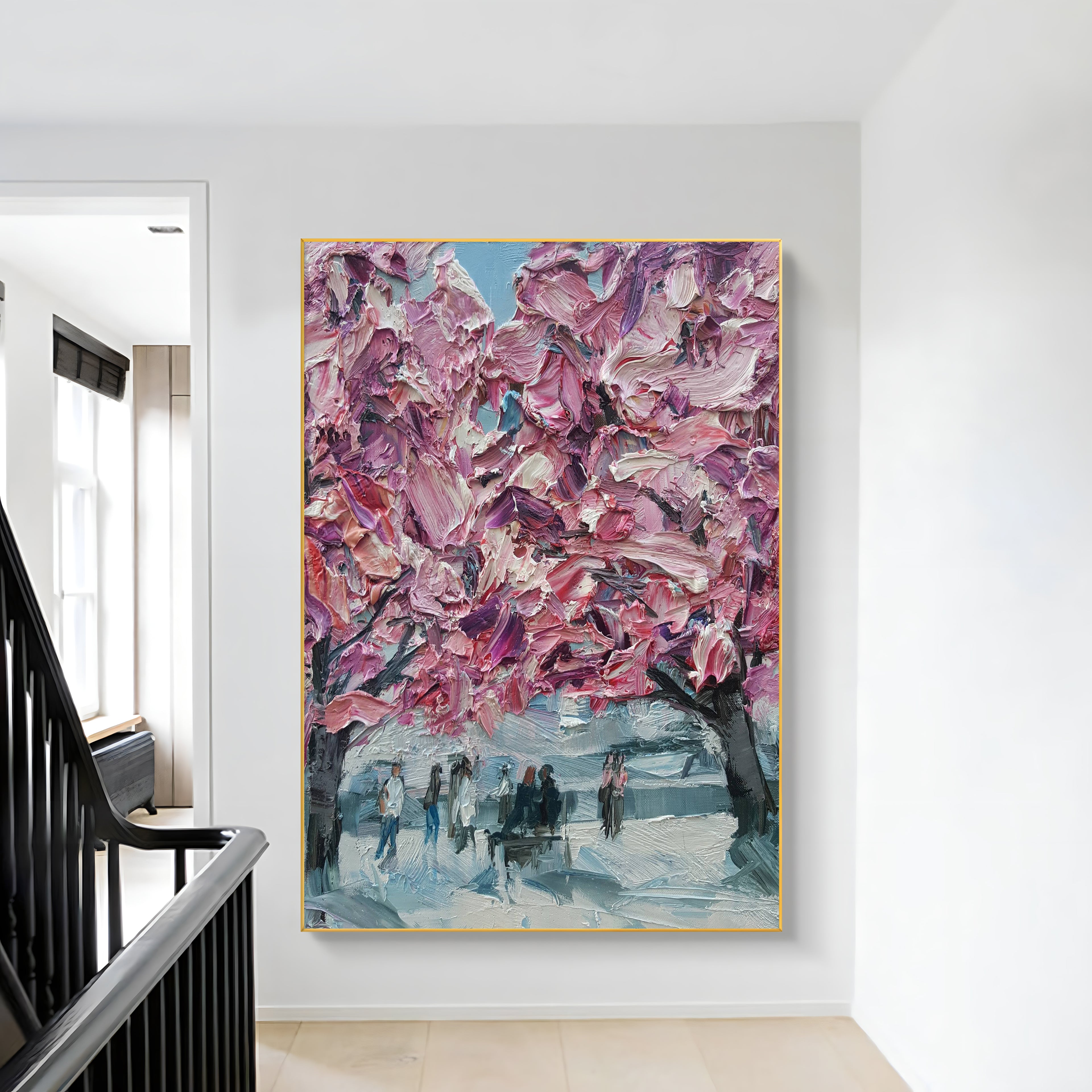 a painting hanging on a wall next to a banister
