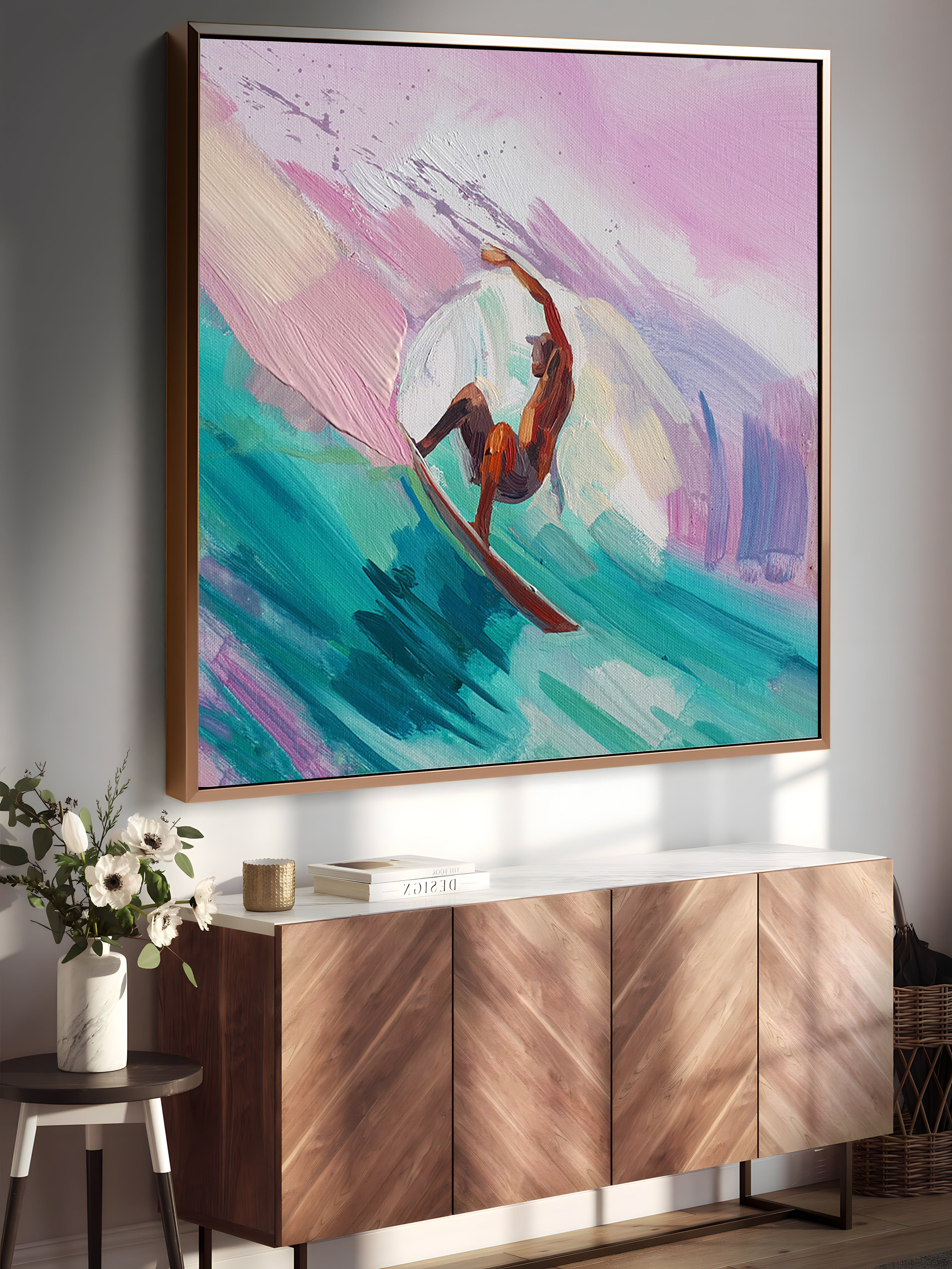 a painting of a surfer riding a wave