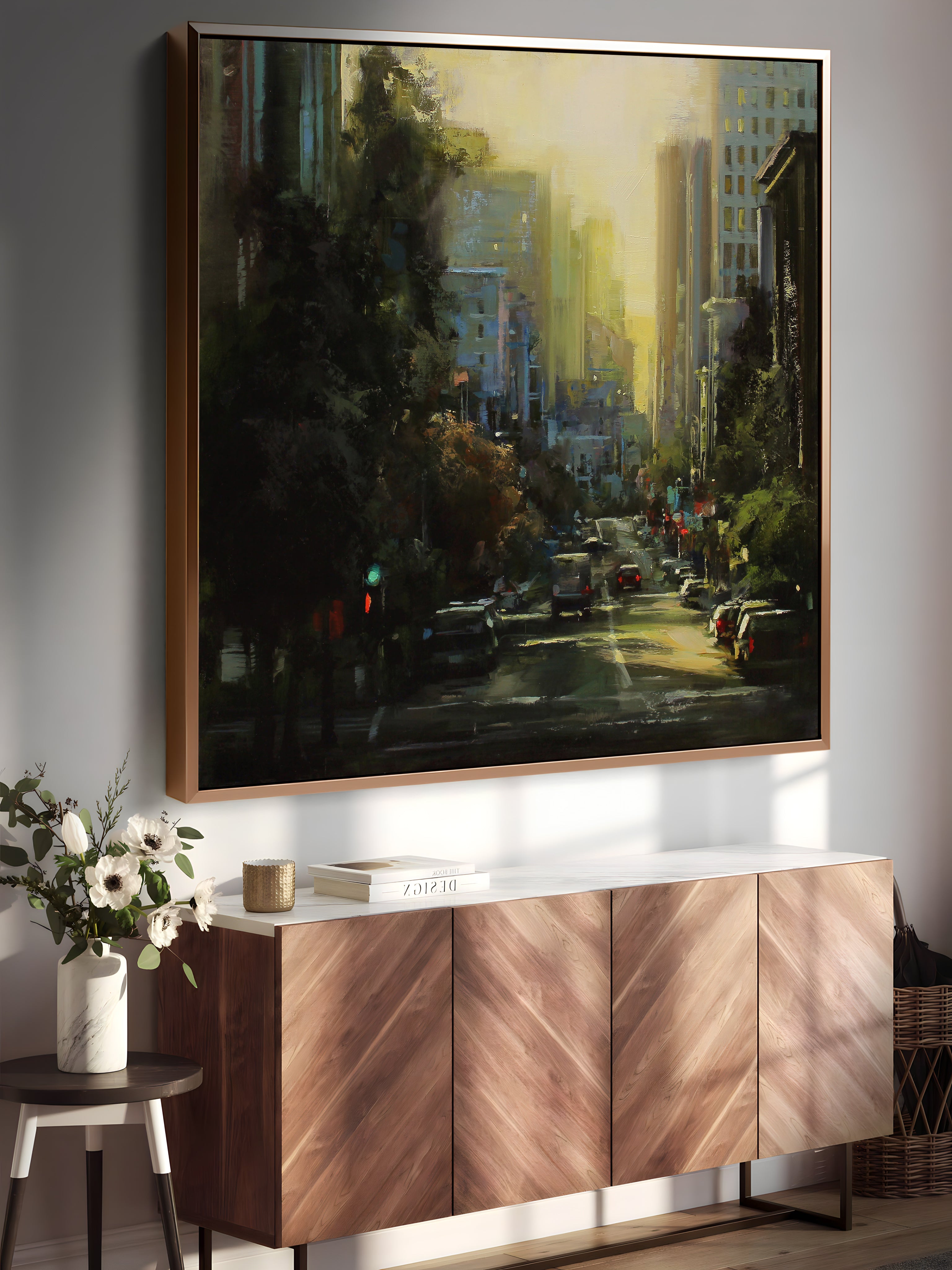 a painting hanging on the wall of a living room