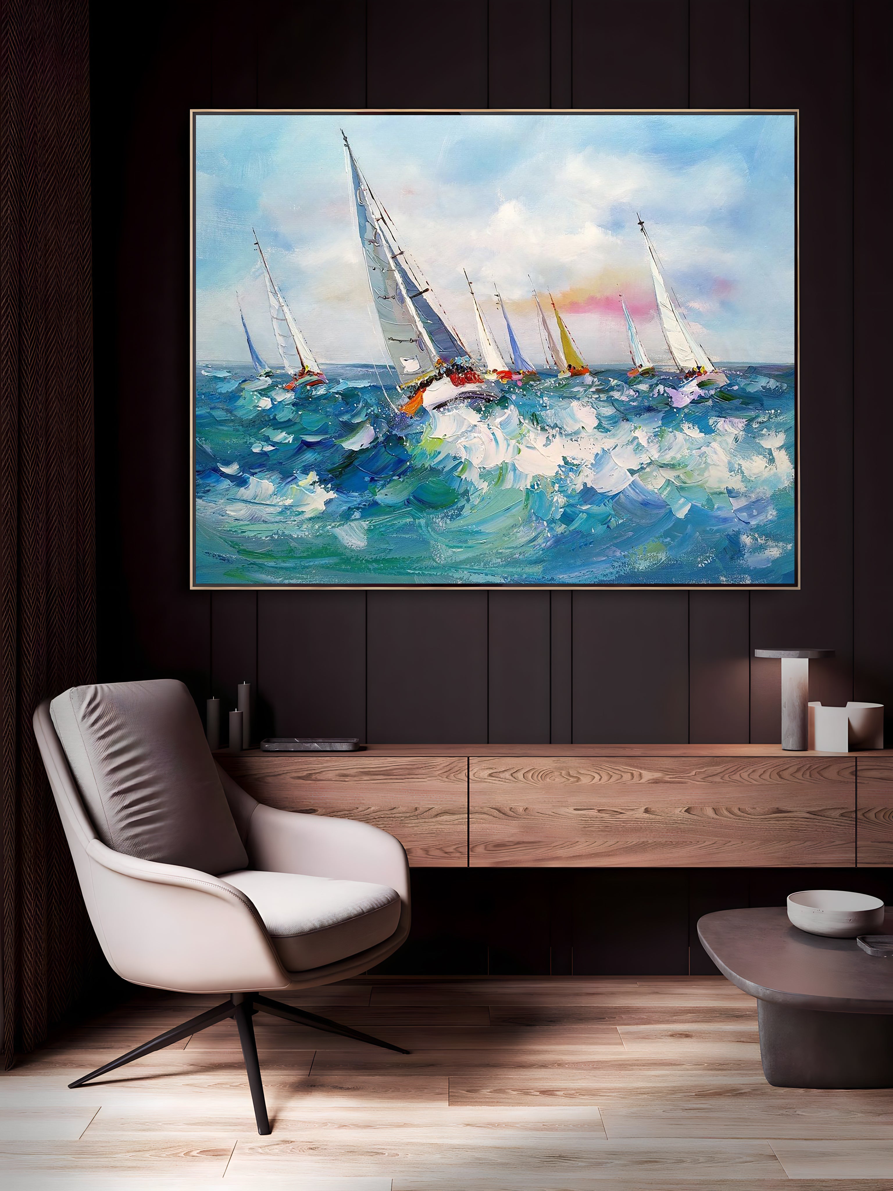a painting of sailboats sailing in the ocean