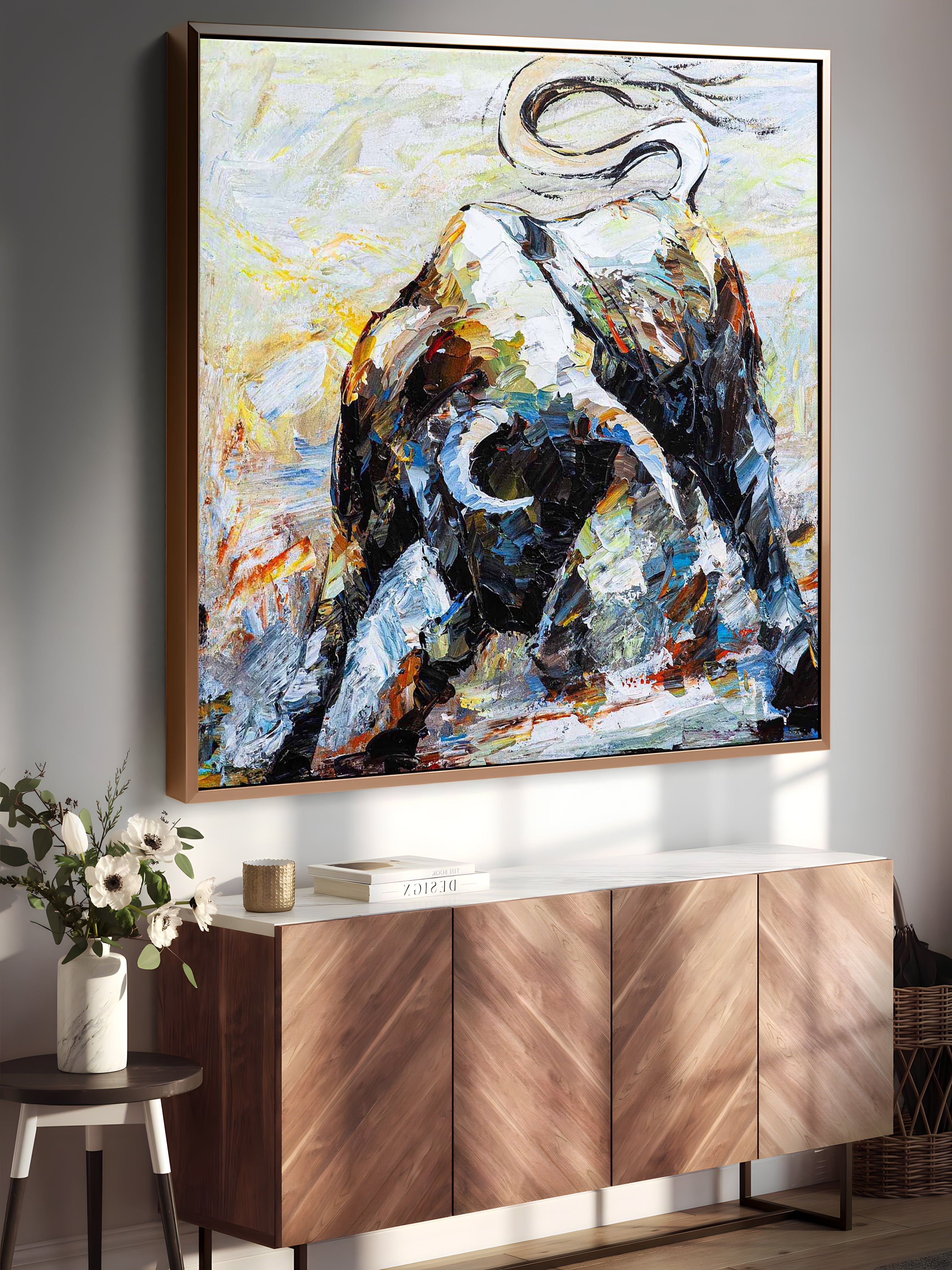 a painting hanging on a wall above a sideboard