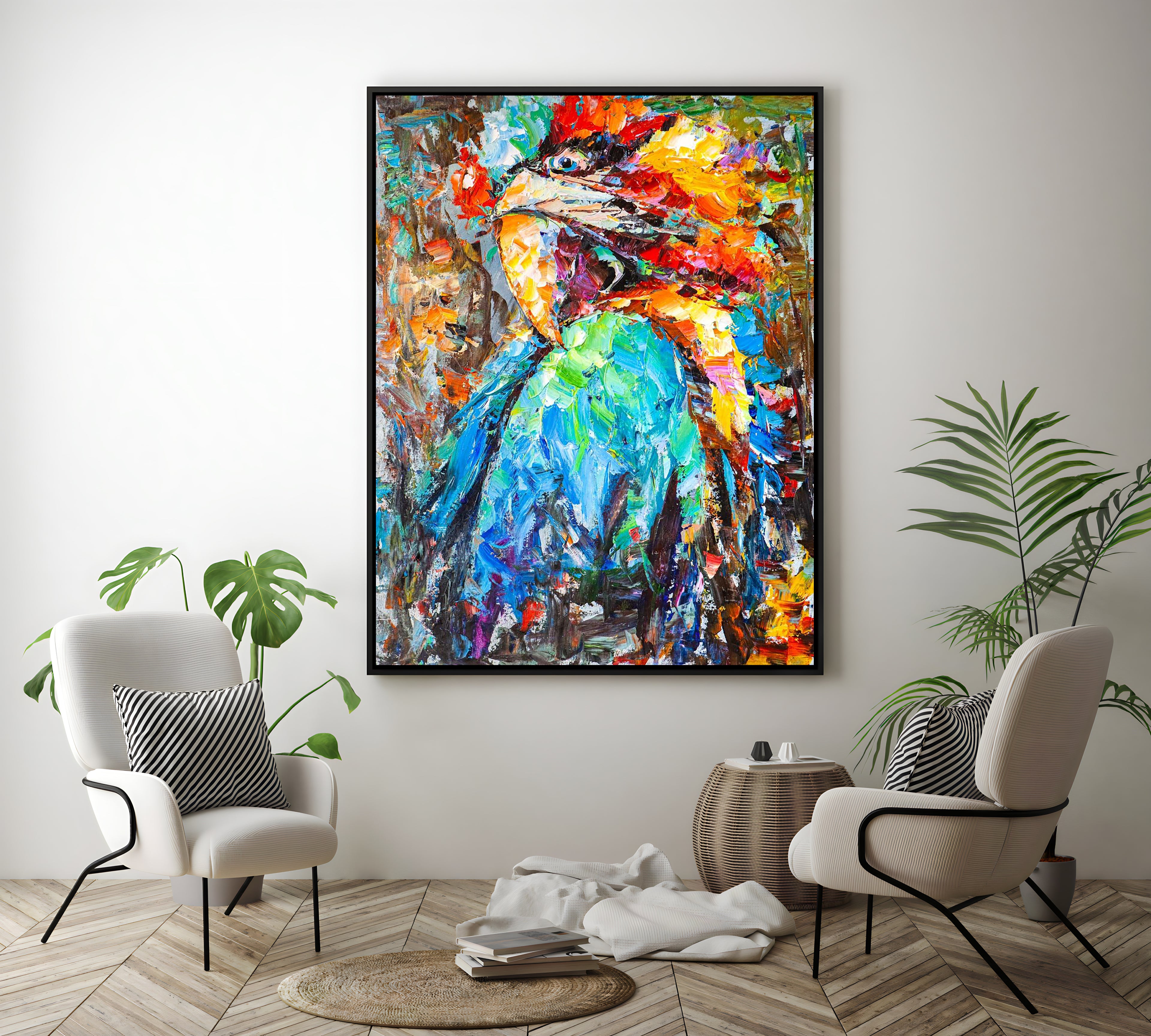 a painting of a colorful bird on a white wall