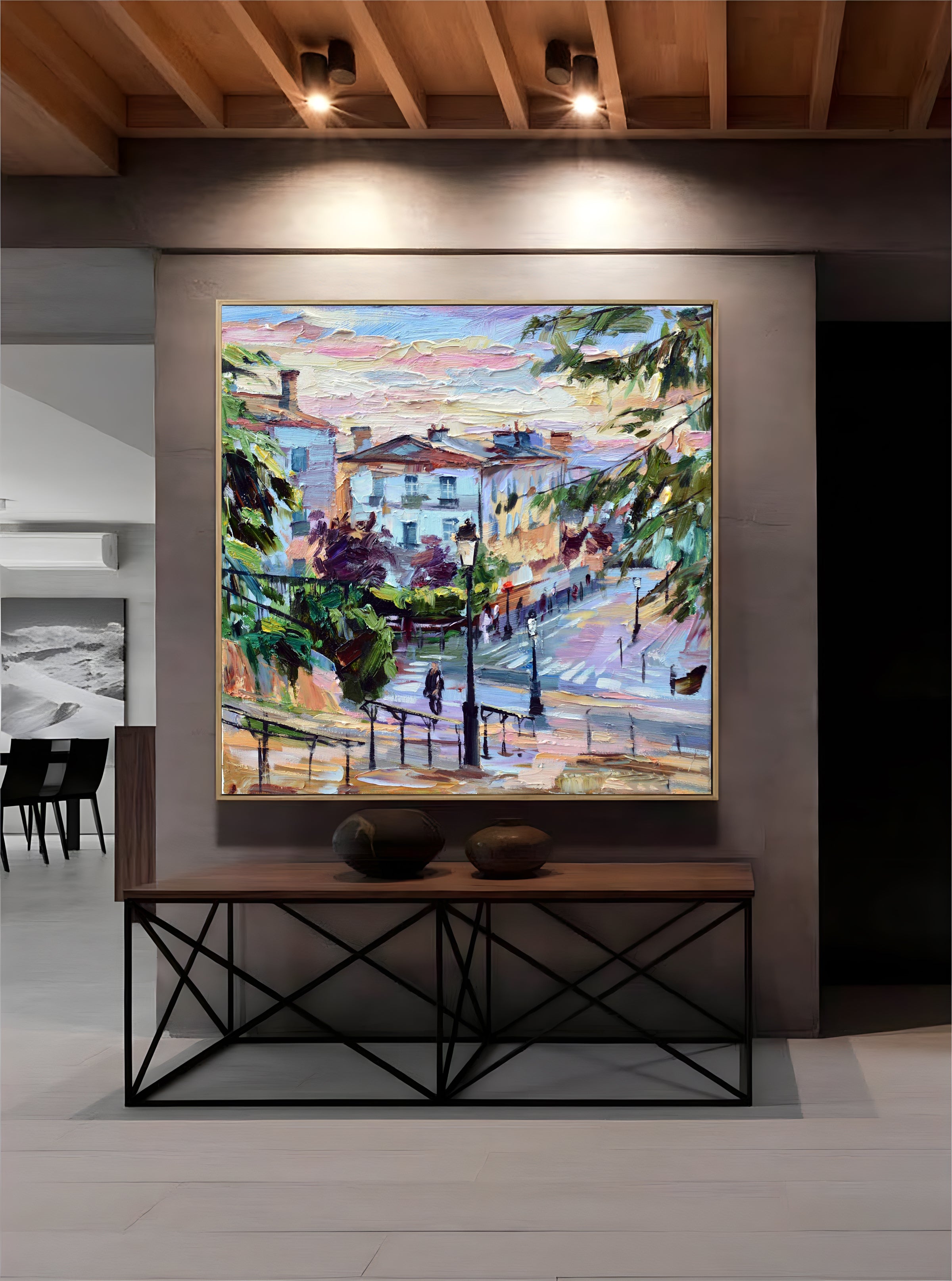 a painting hanging on a wall in a room