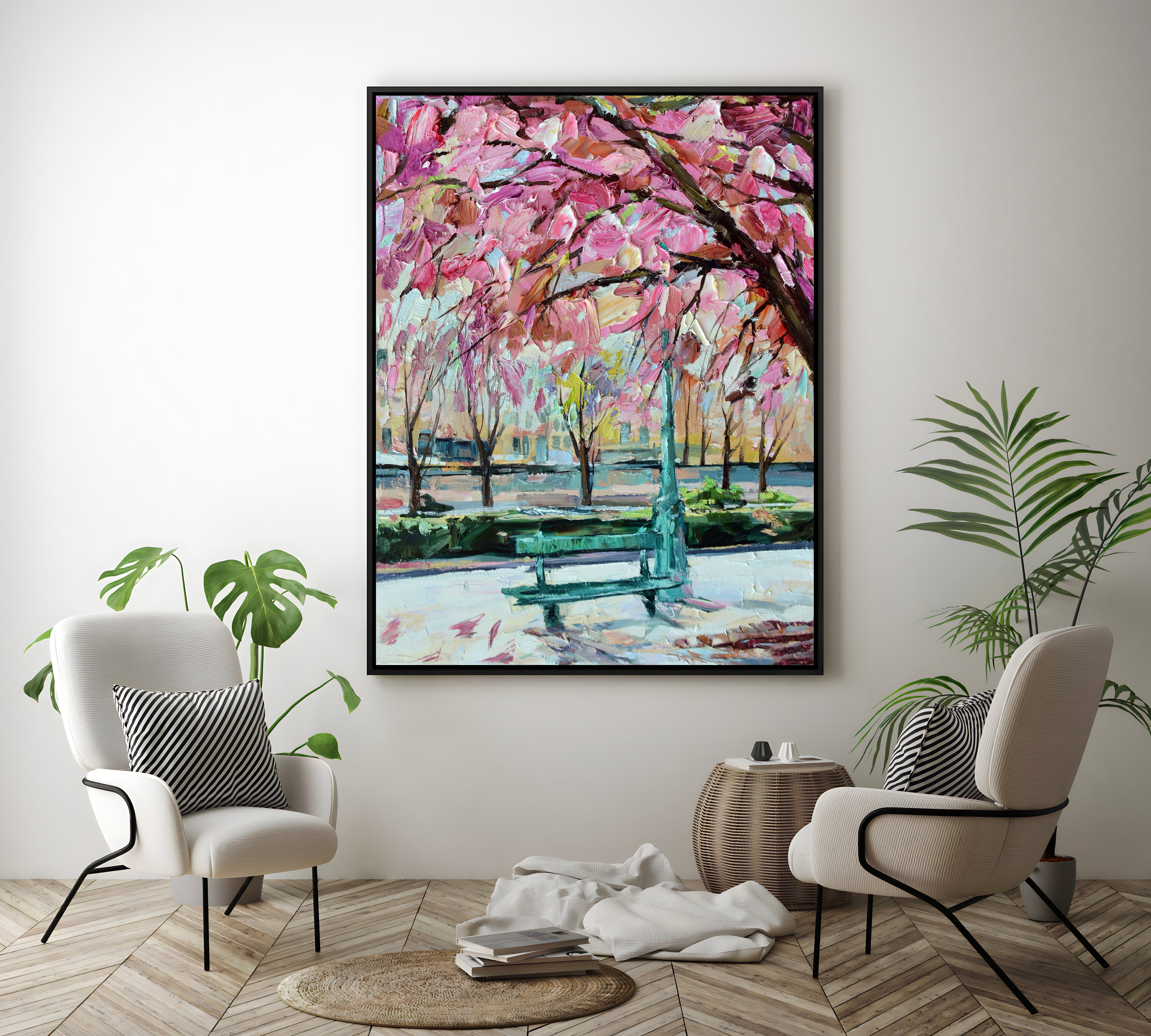 a painting of a park bench in a room