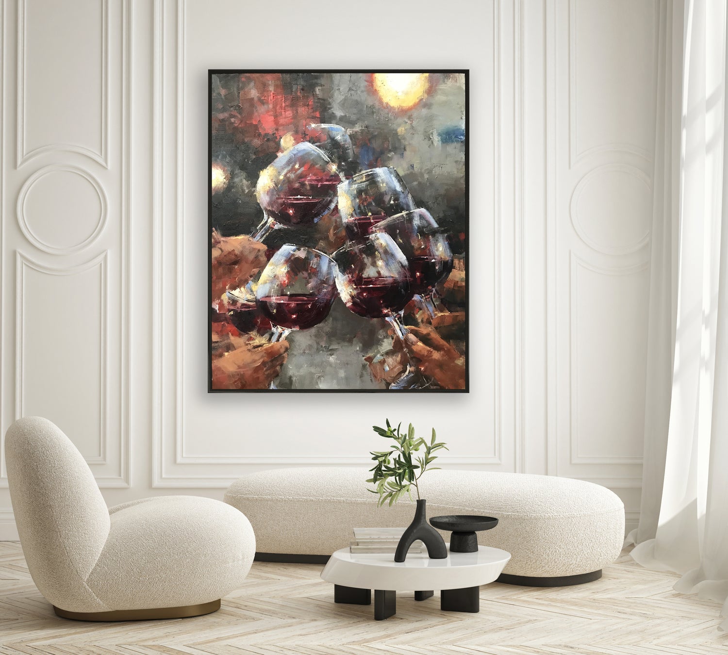 a painting of wine glasses on a wall in a living room