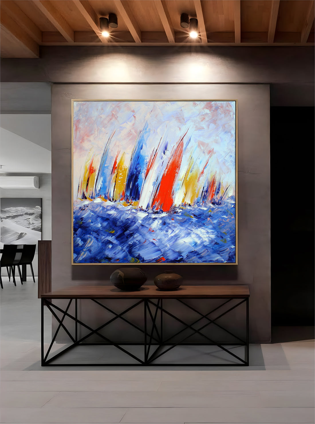 a painting of sailboats in the ocean