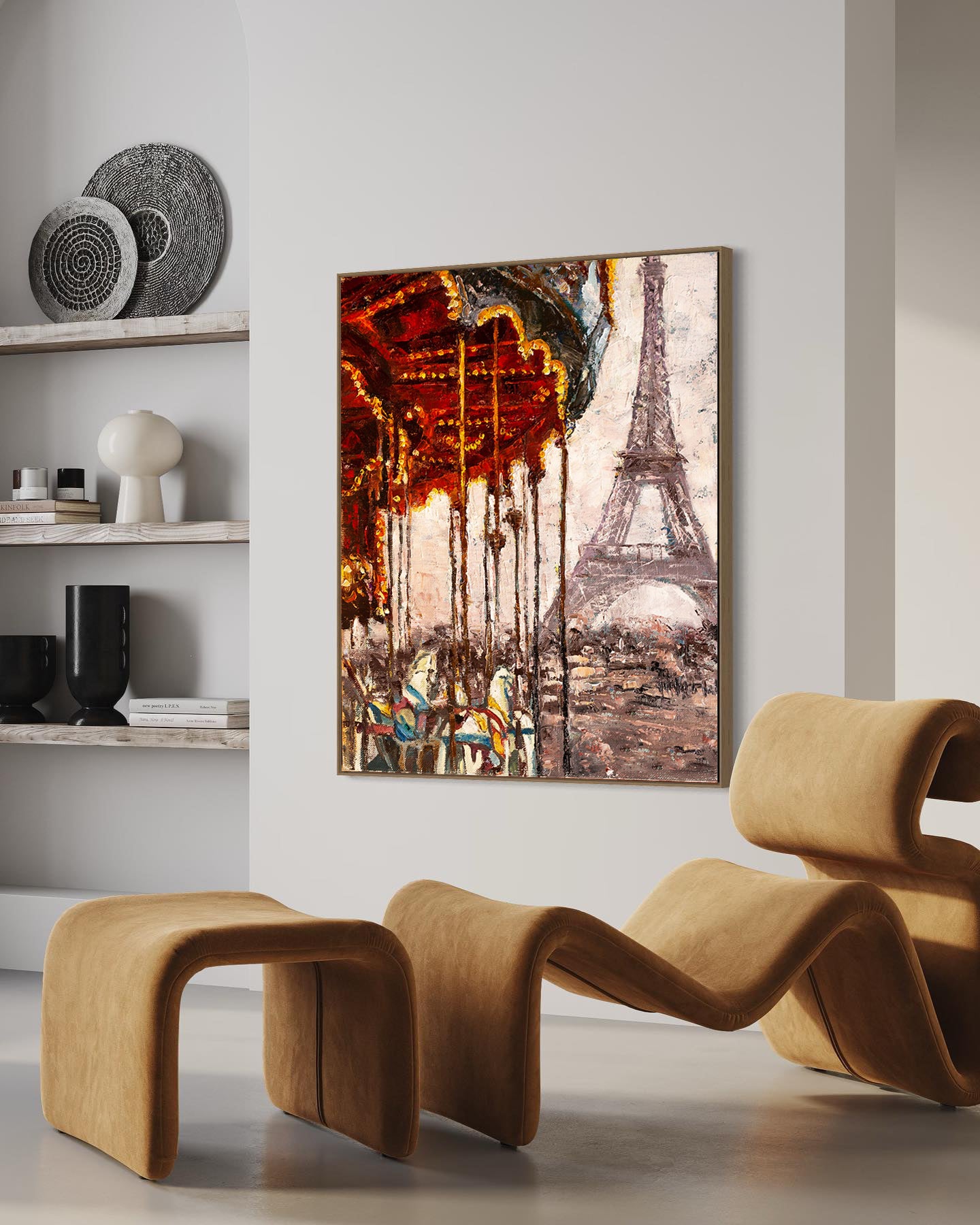 a painting of a carousel in a living room