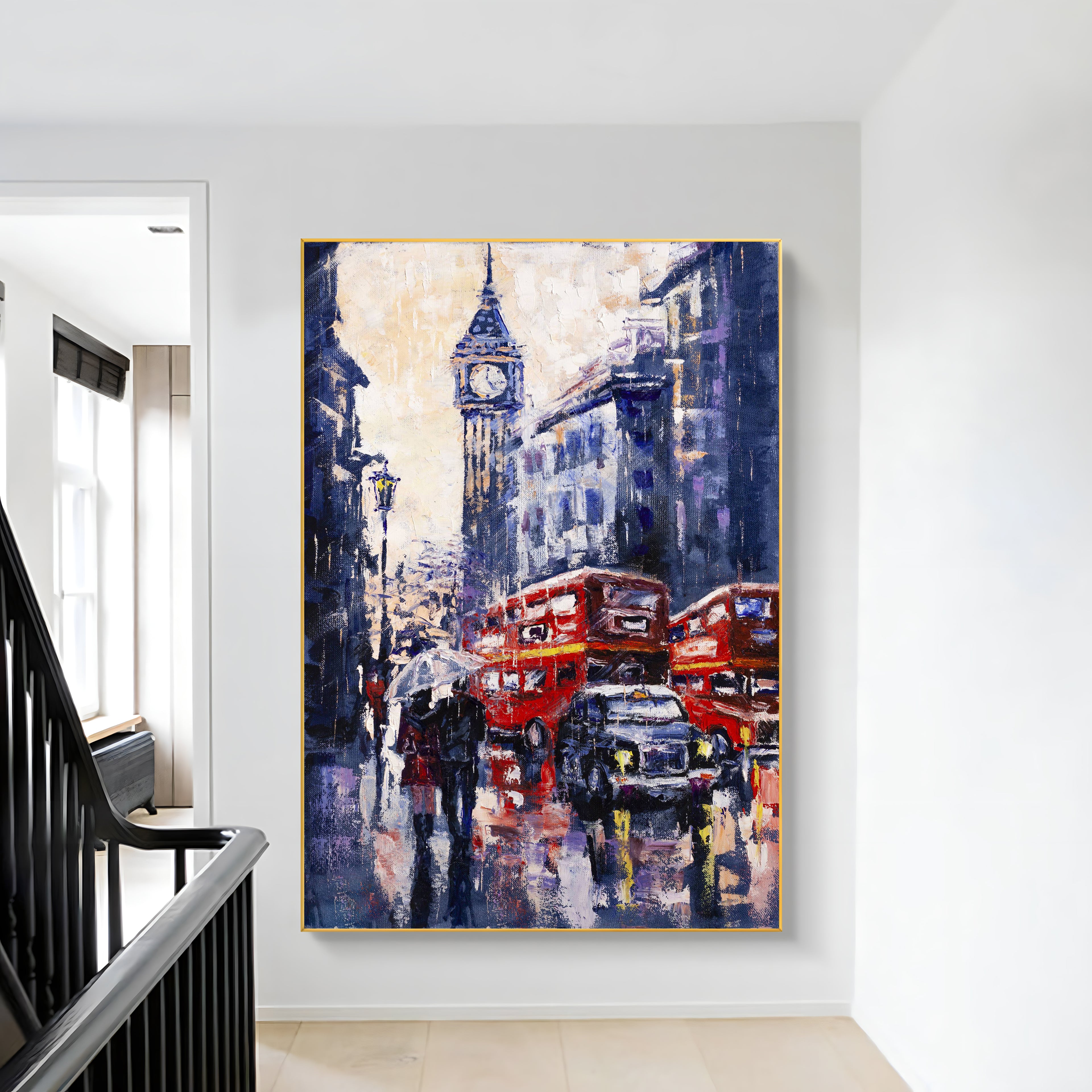 a painting hanging on a wall next to a stair case