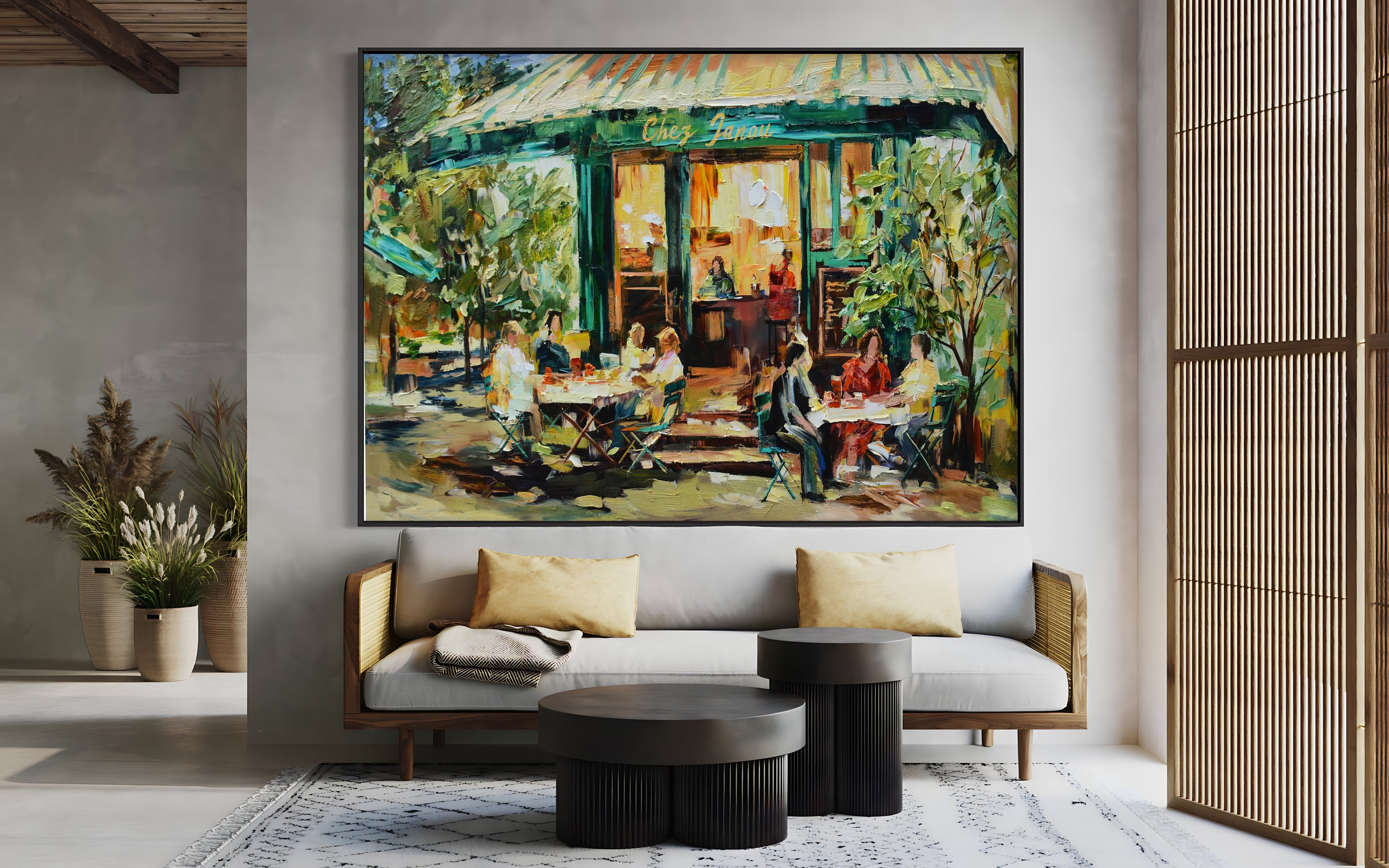 a living room with a painting on the wall