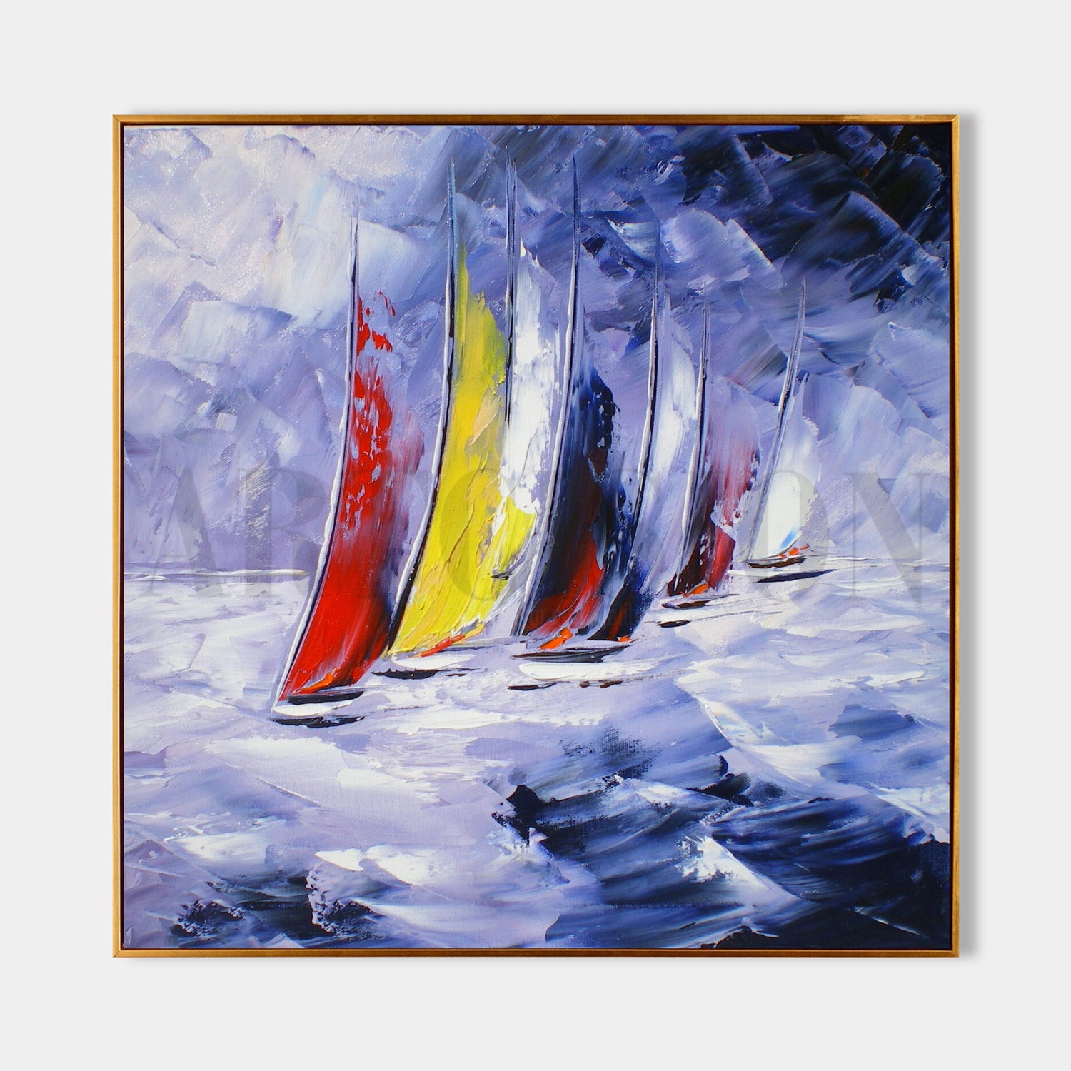 a painting of a group of sailboats in the ocean