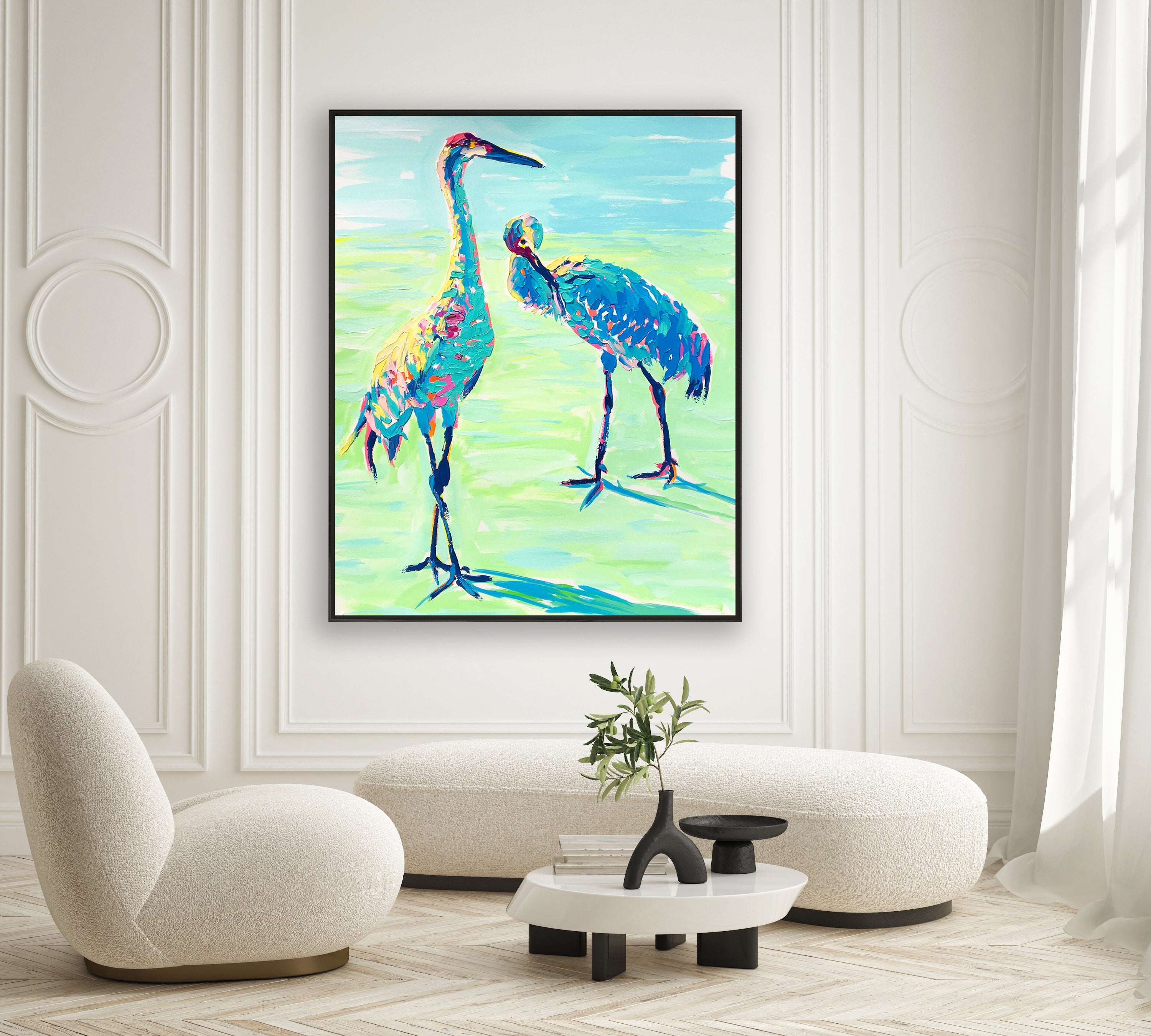 a painting of two birds standing next to each other