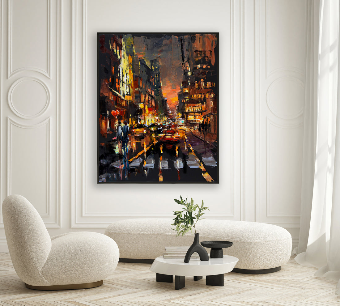 a painting of a city street at night