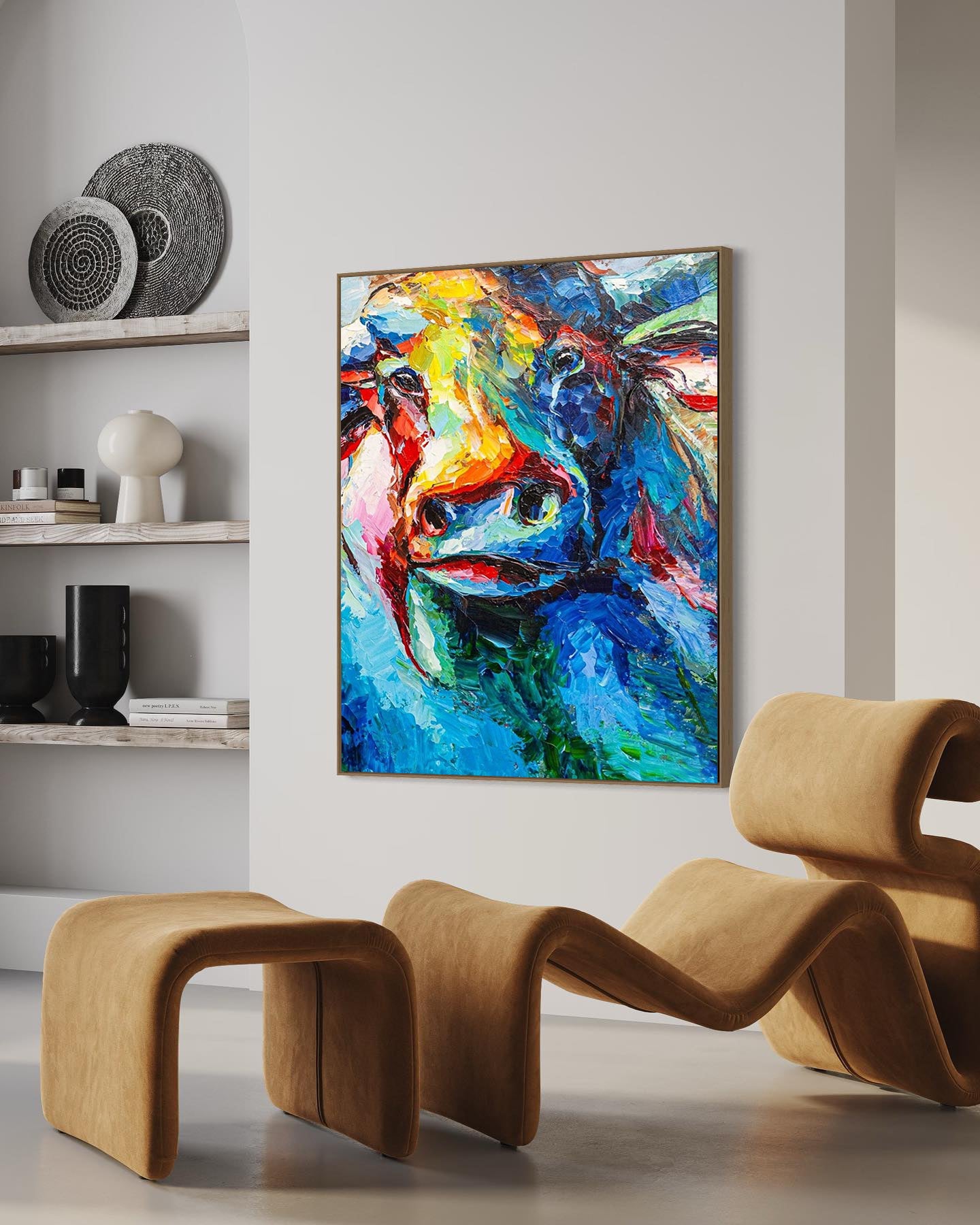 a painting of a cow in a living room