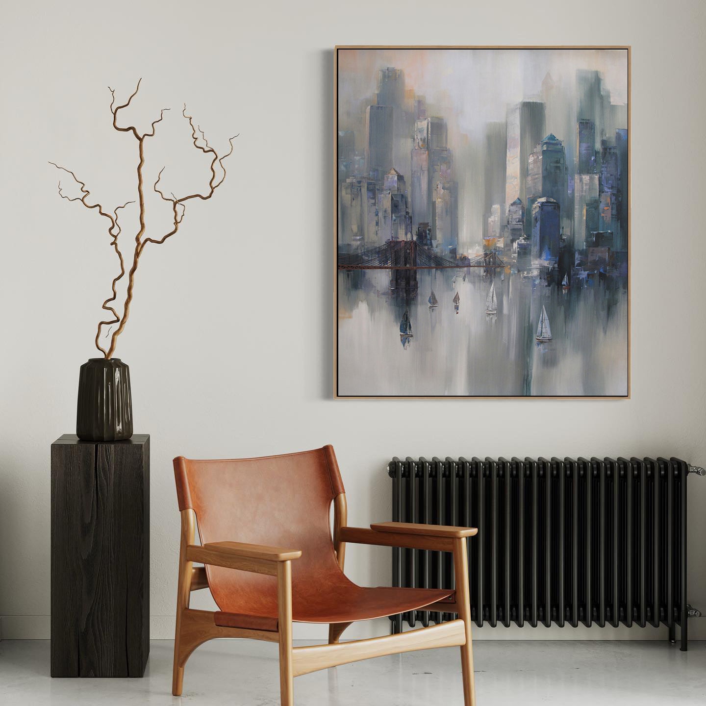 a painting hanging on a wall next to a chair