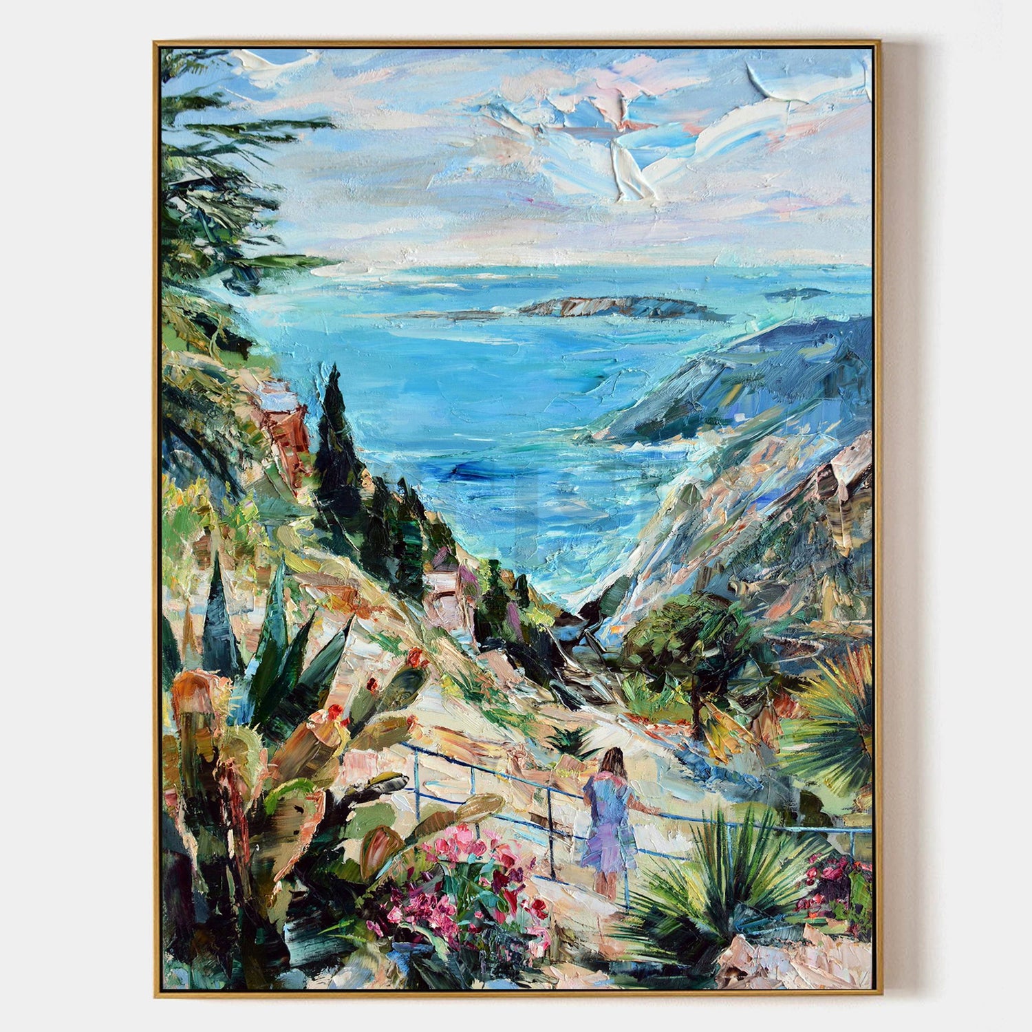 a painting of a woman standing on a cliff overlooking the ocean