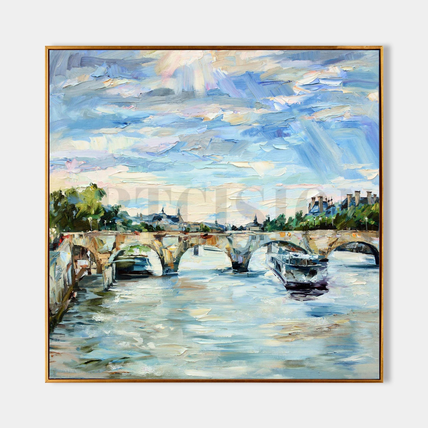 a painting of a bridge over a river