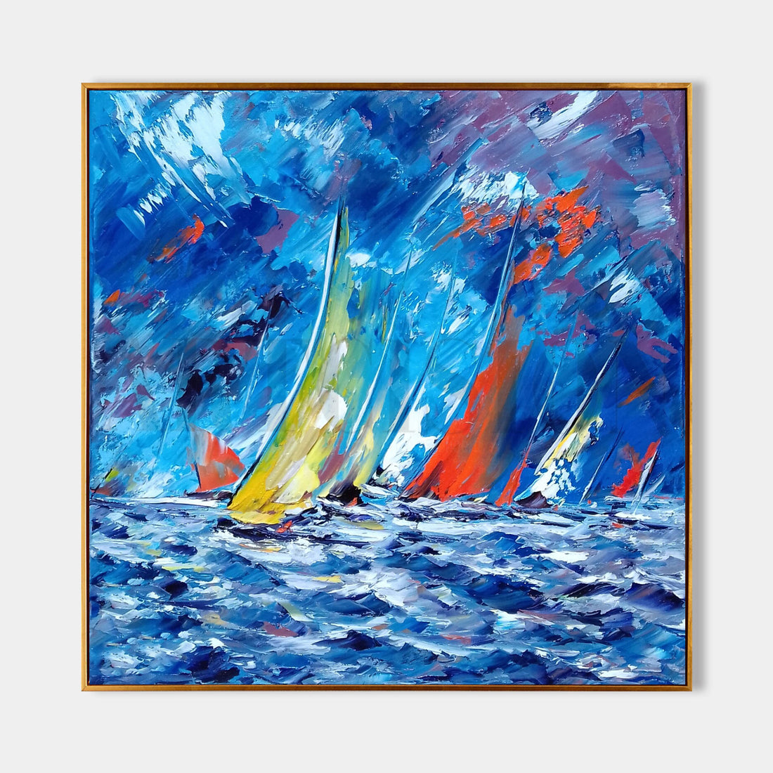 a painting of sailboats sailing in the ocean