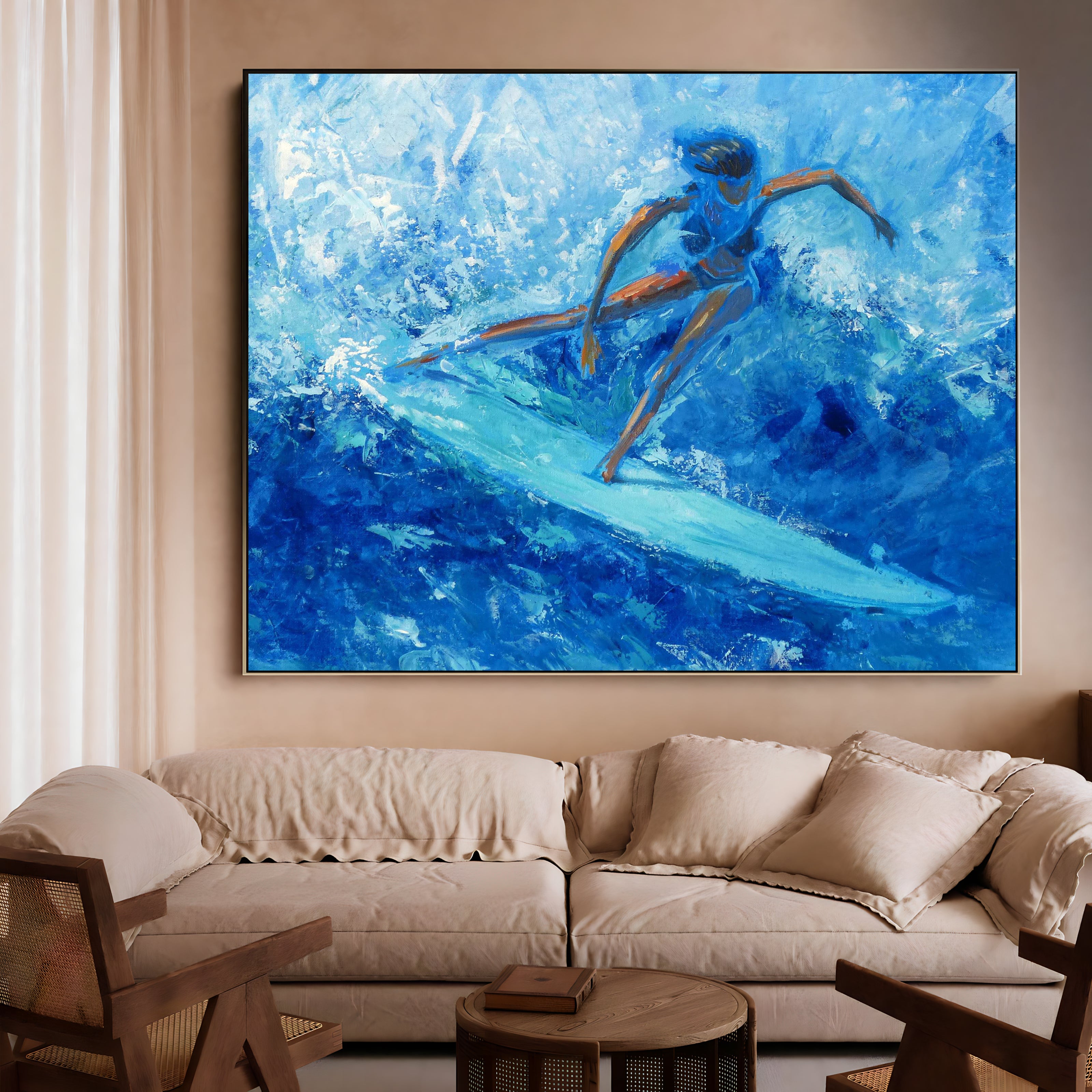 a painting of a surfer riding a wave