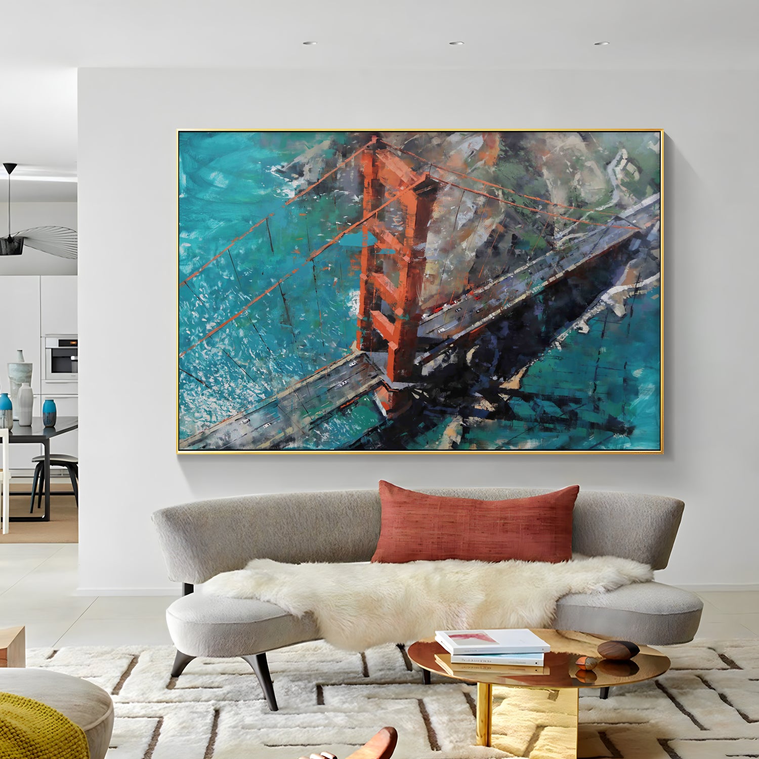 a painting hanging on the wall of a room