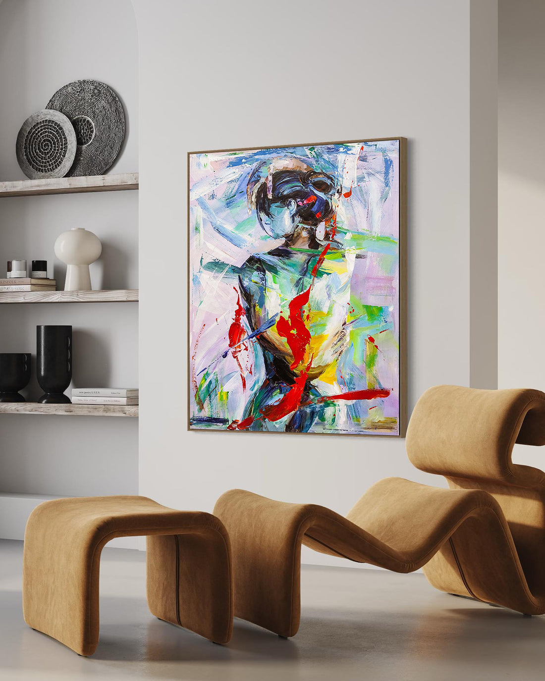 a painting hanging on the wall of a living room