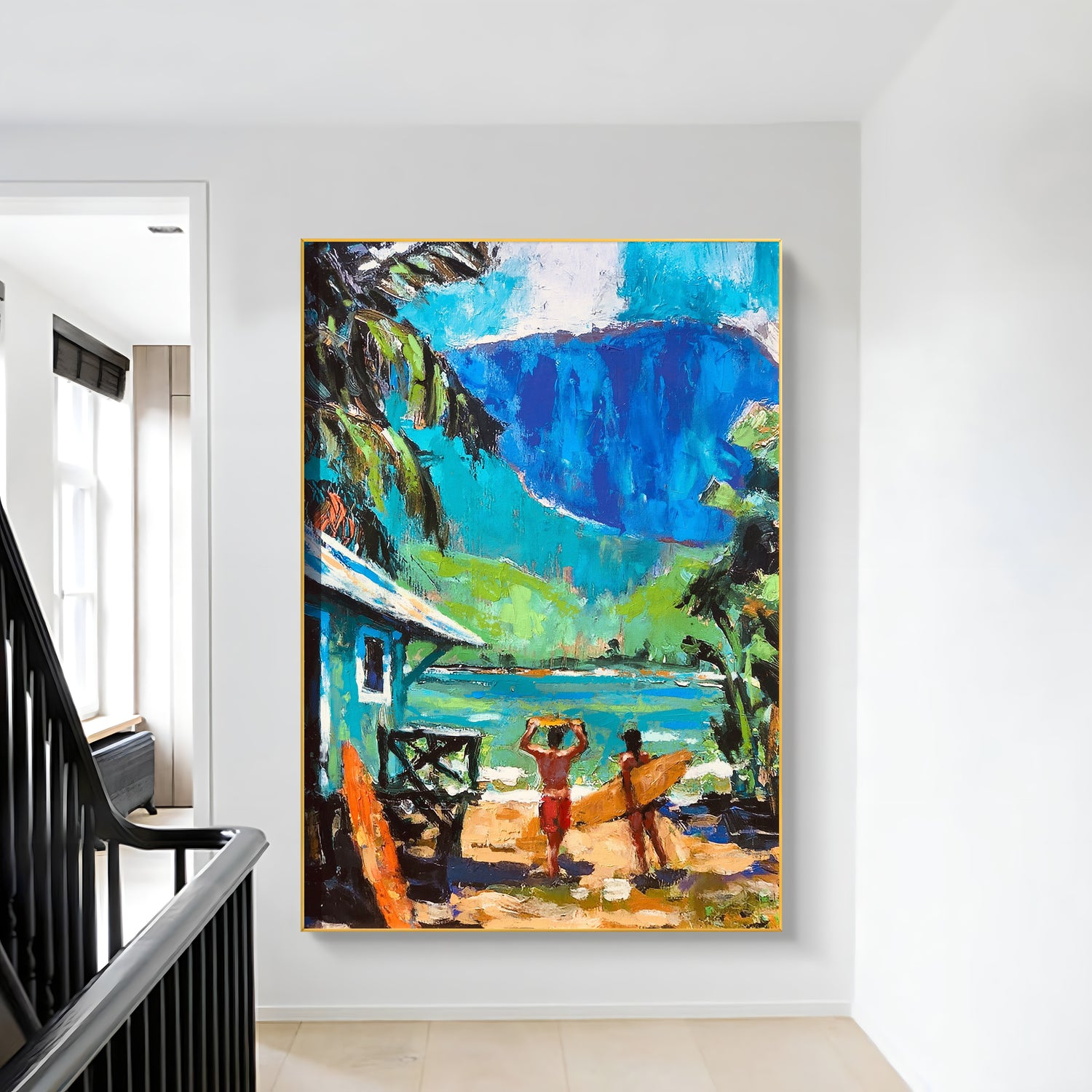 a painting hanging on the wall of a house