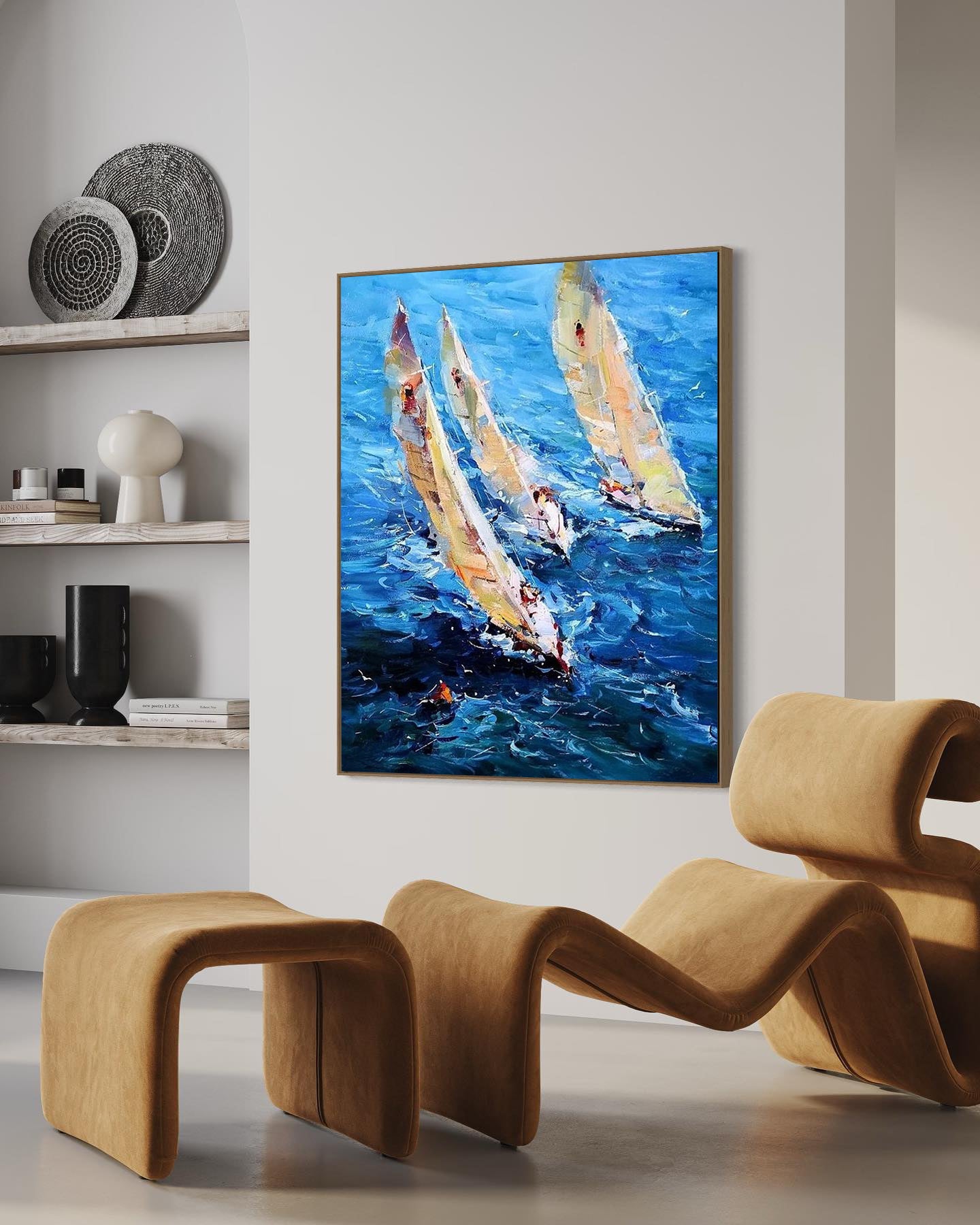 a painting of three sailboats in the ocean