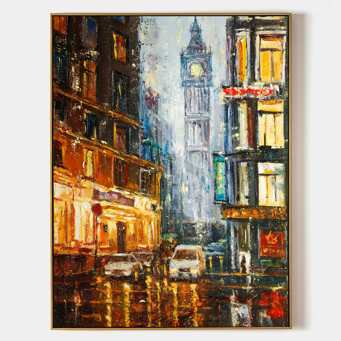 a painting of a city street with a clock tower in the background