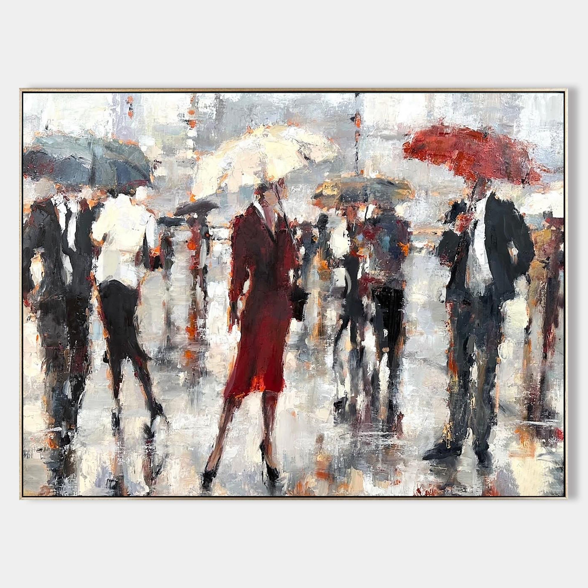 a painting of people walking in the rain with umbrellas