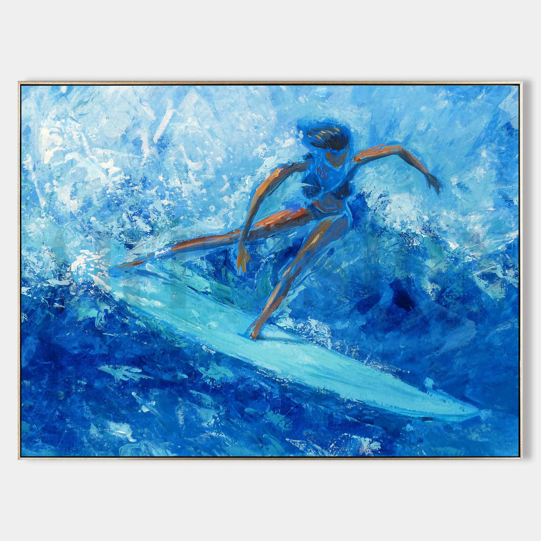 a painting of a surfer riding a wave