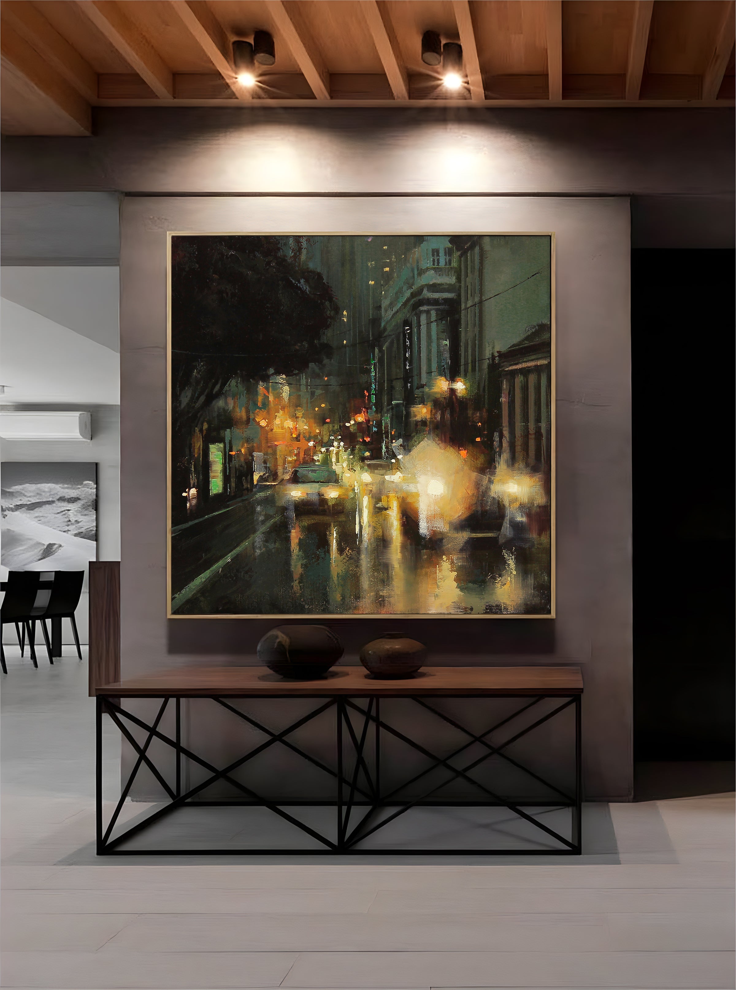 a painting of a city street at night