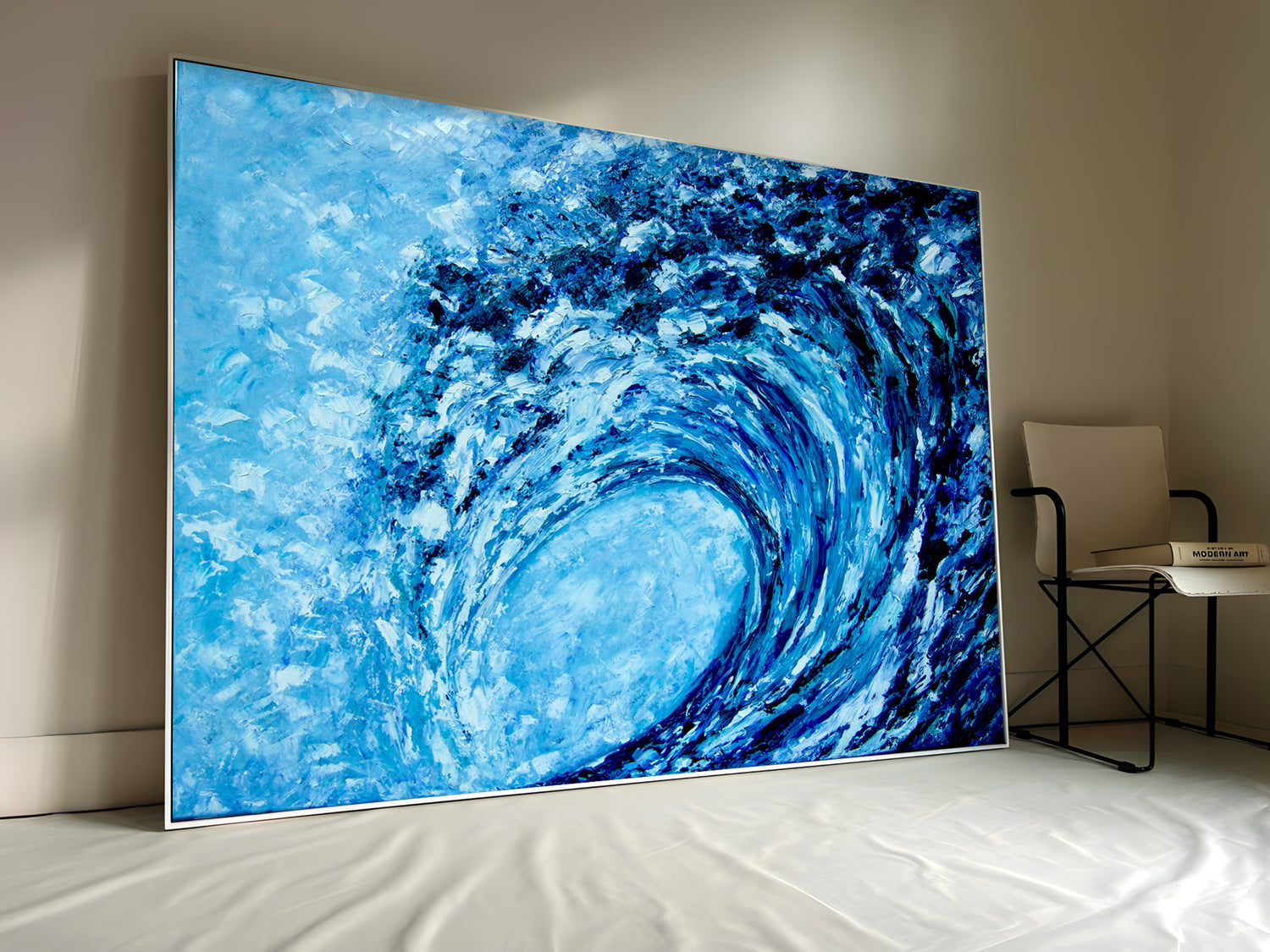 a painting of a blue wave on a wall