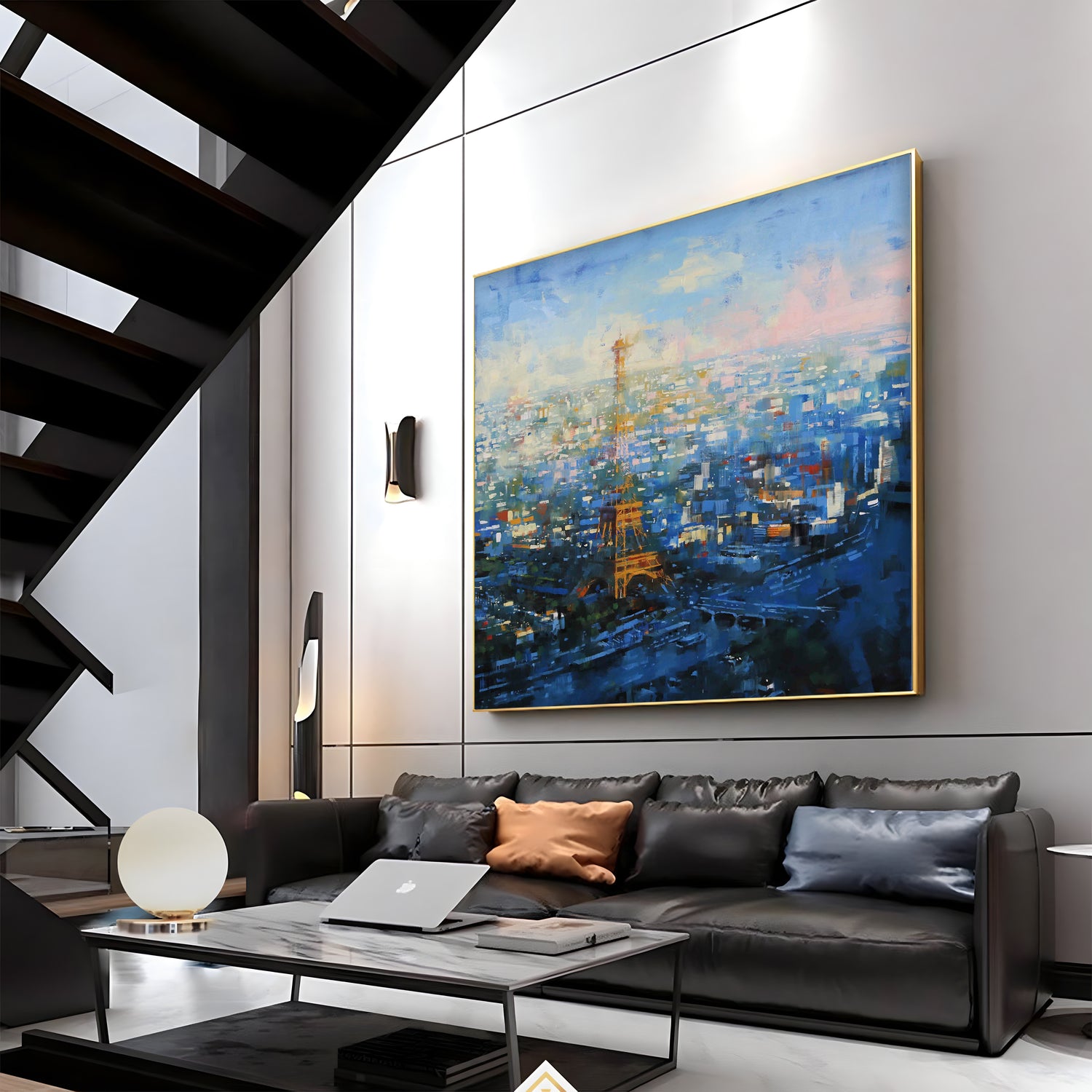 a living room filled with furniture and a painting on the wall