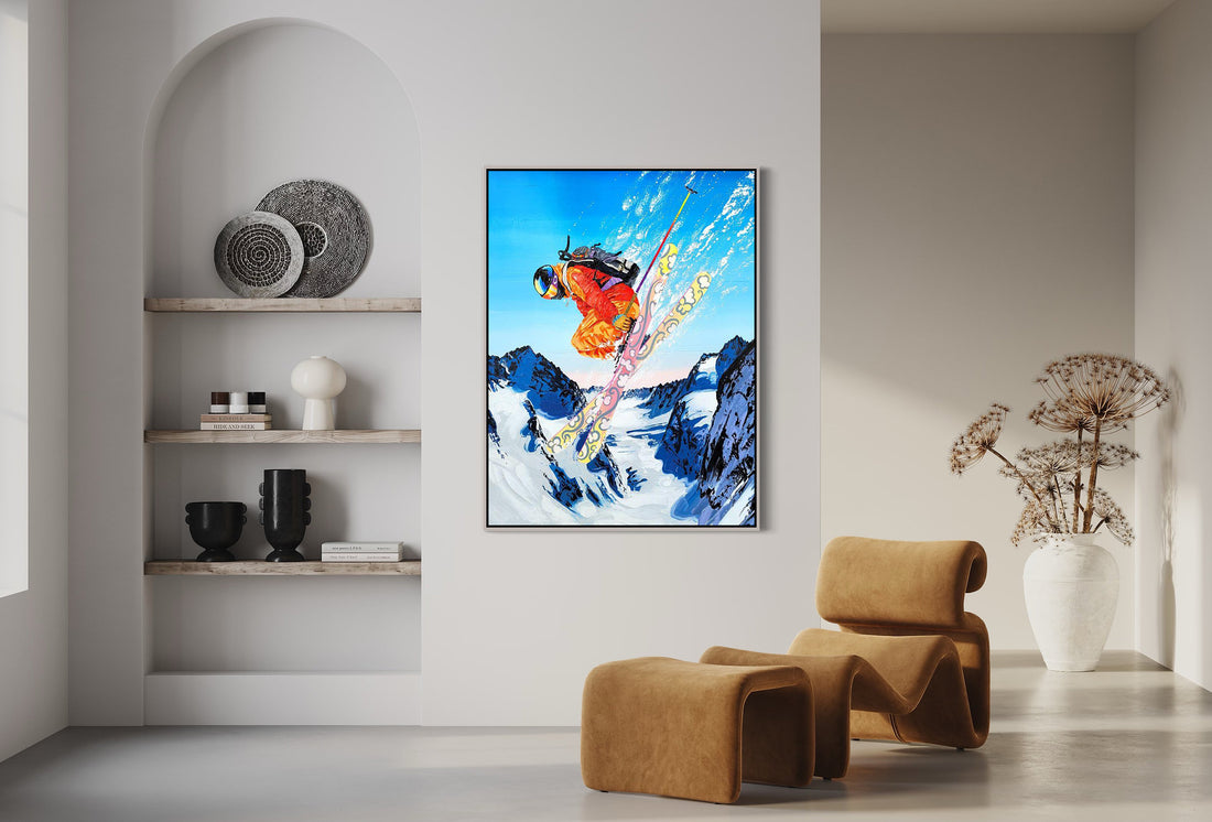 a painting of a skier is hanging on a wall