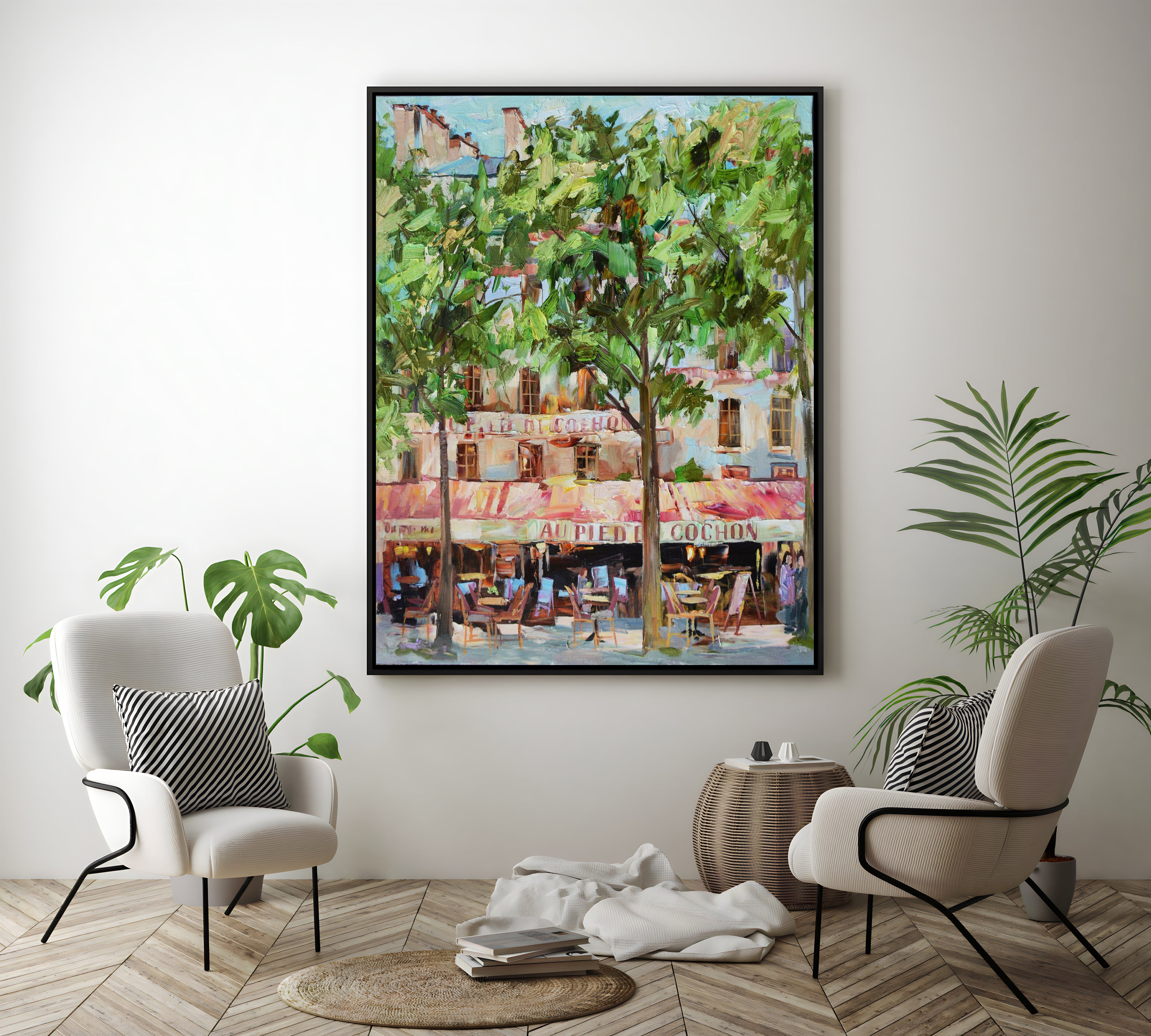 a painting of a tree in a living room