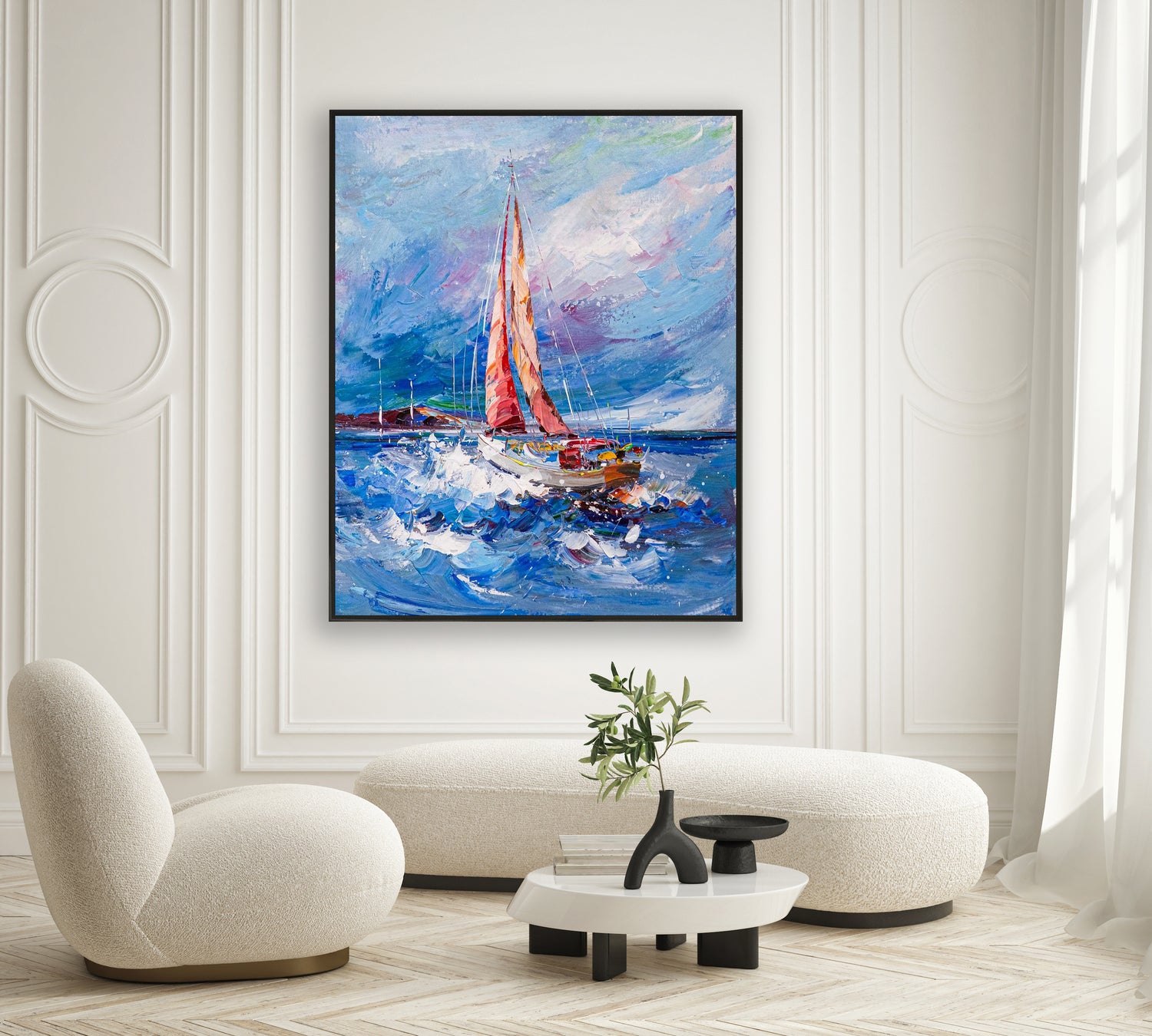 a painting of a sailboat in the ocean