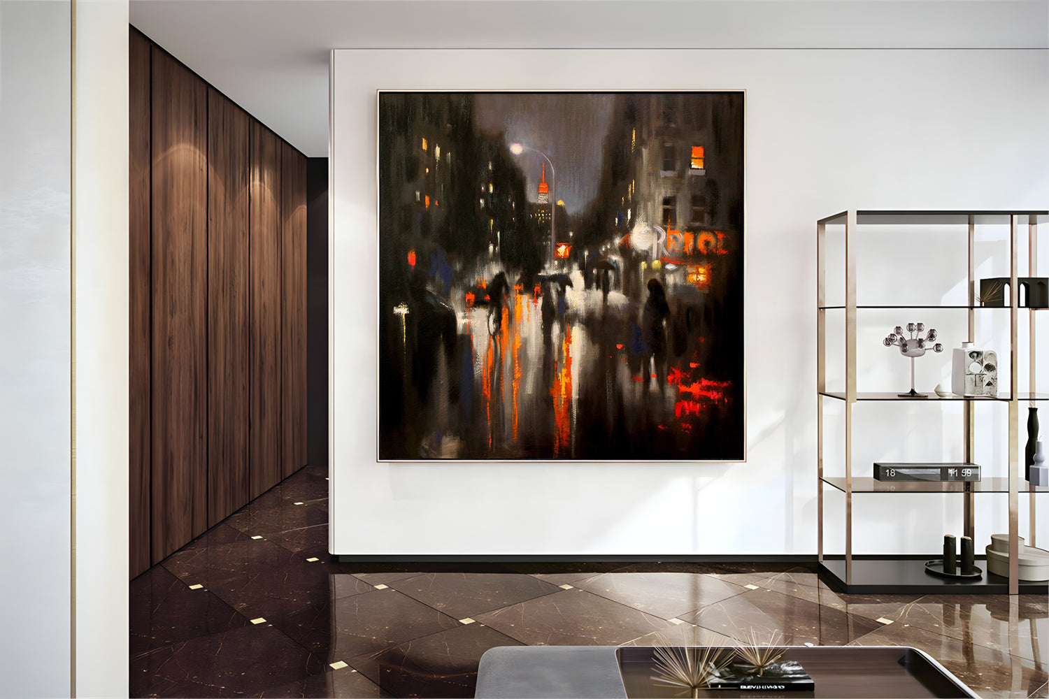 a painting of a city street at night