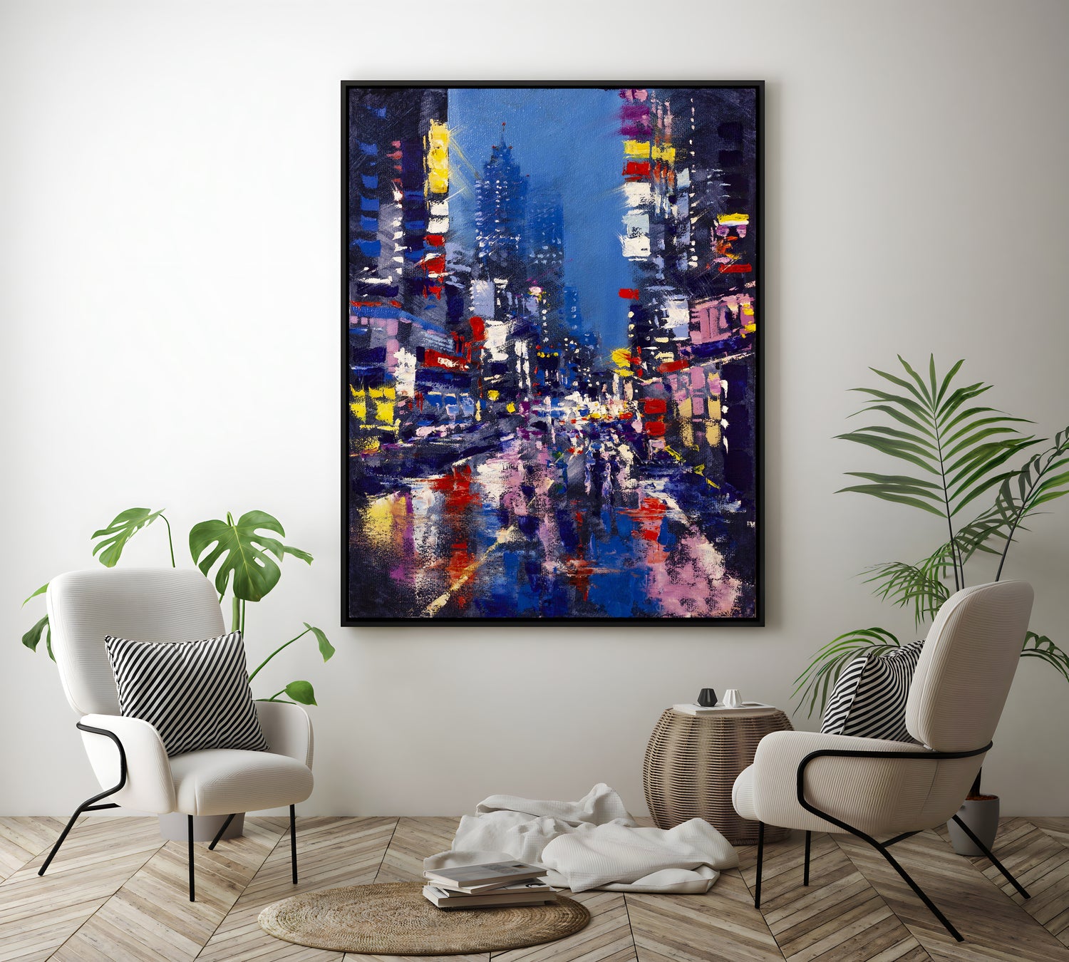 a painting of a city street at night