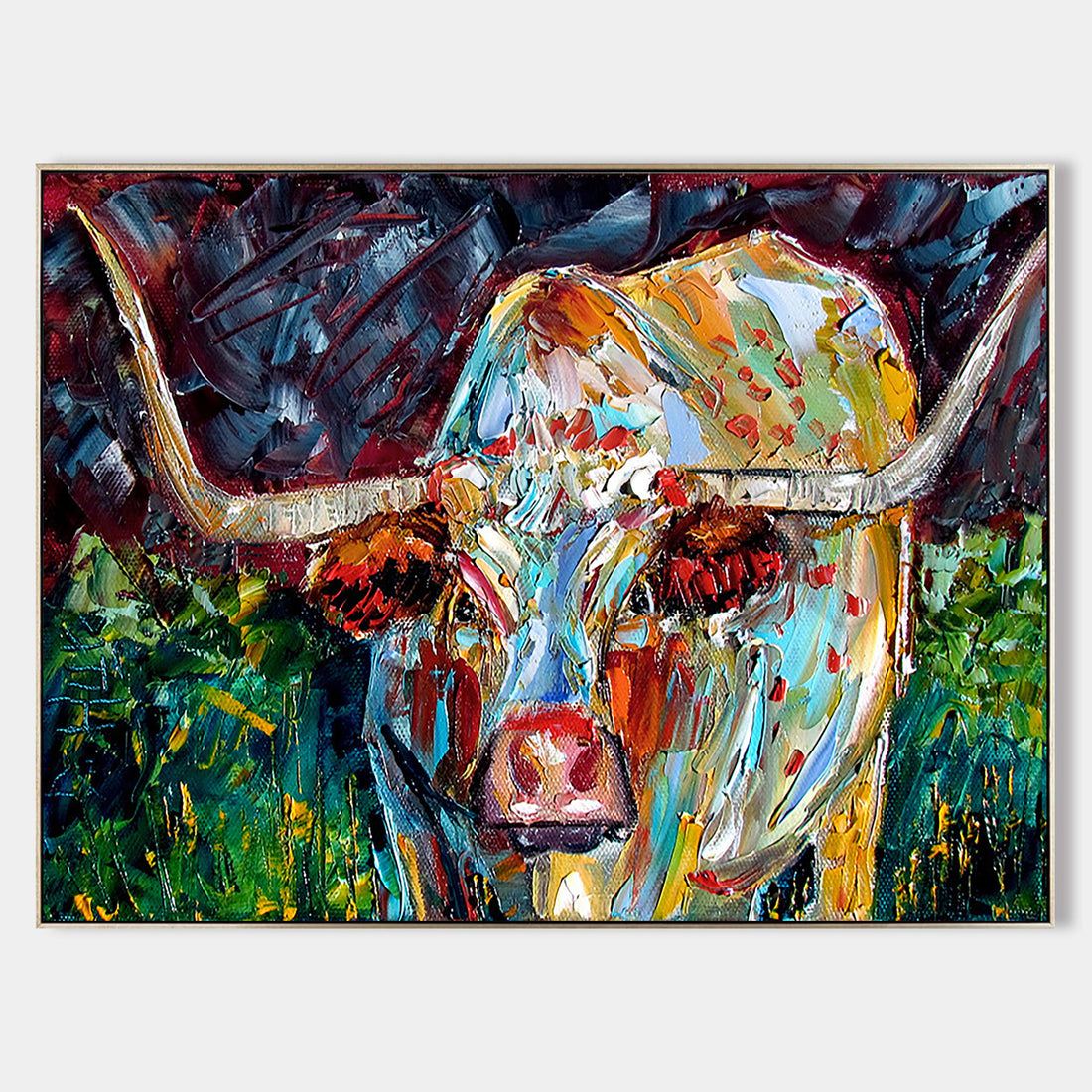 a painting of a bull in a field