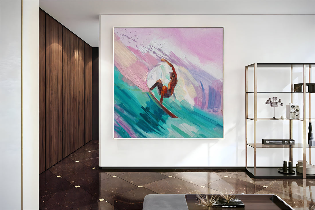 a painting hanging on a wall in a room