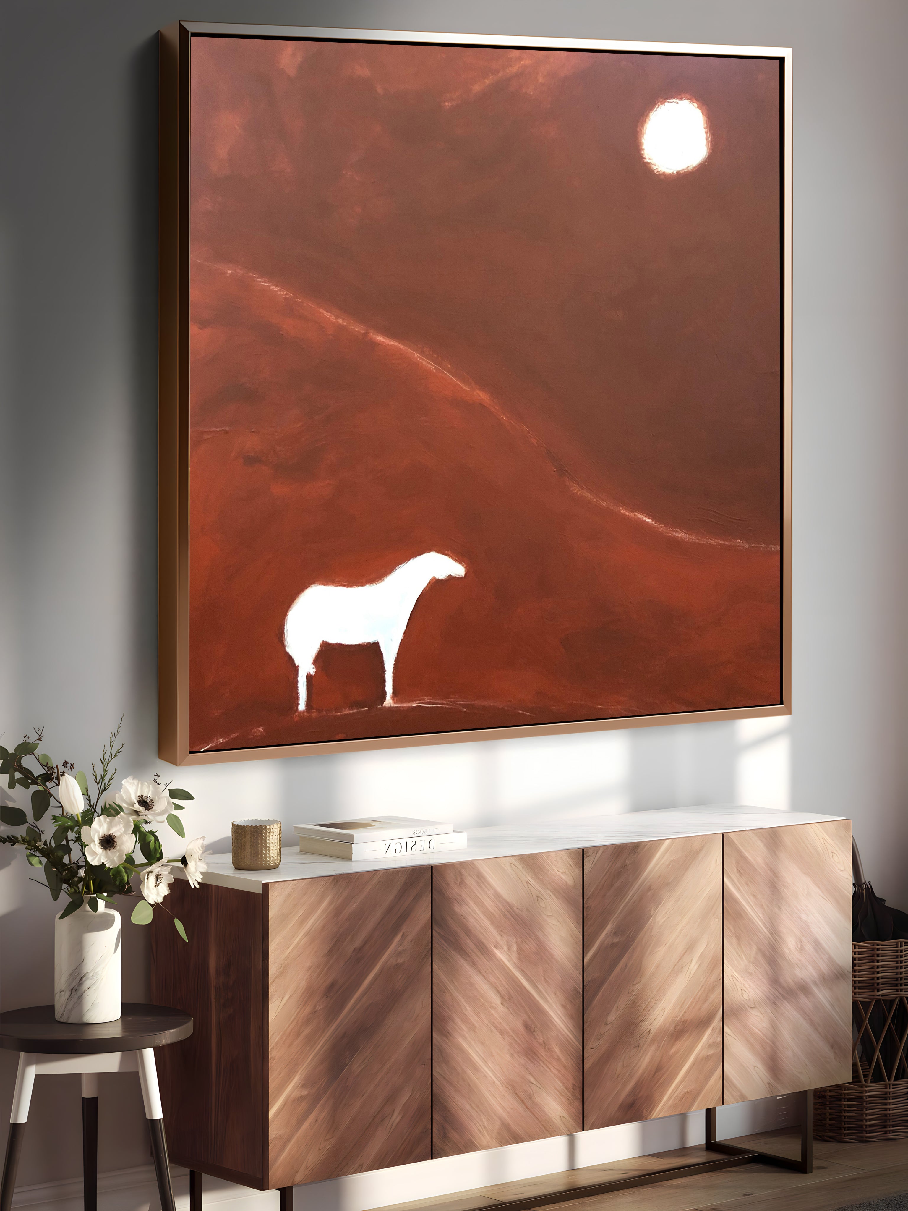 a painting of a white horse on a brown background