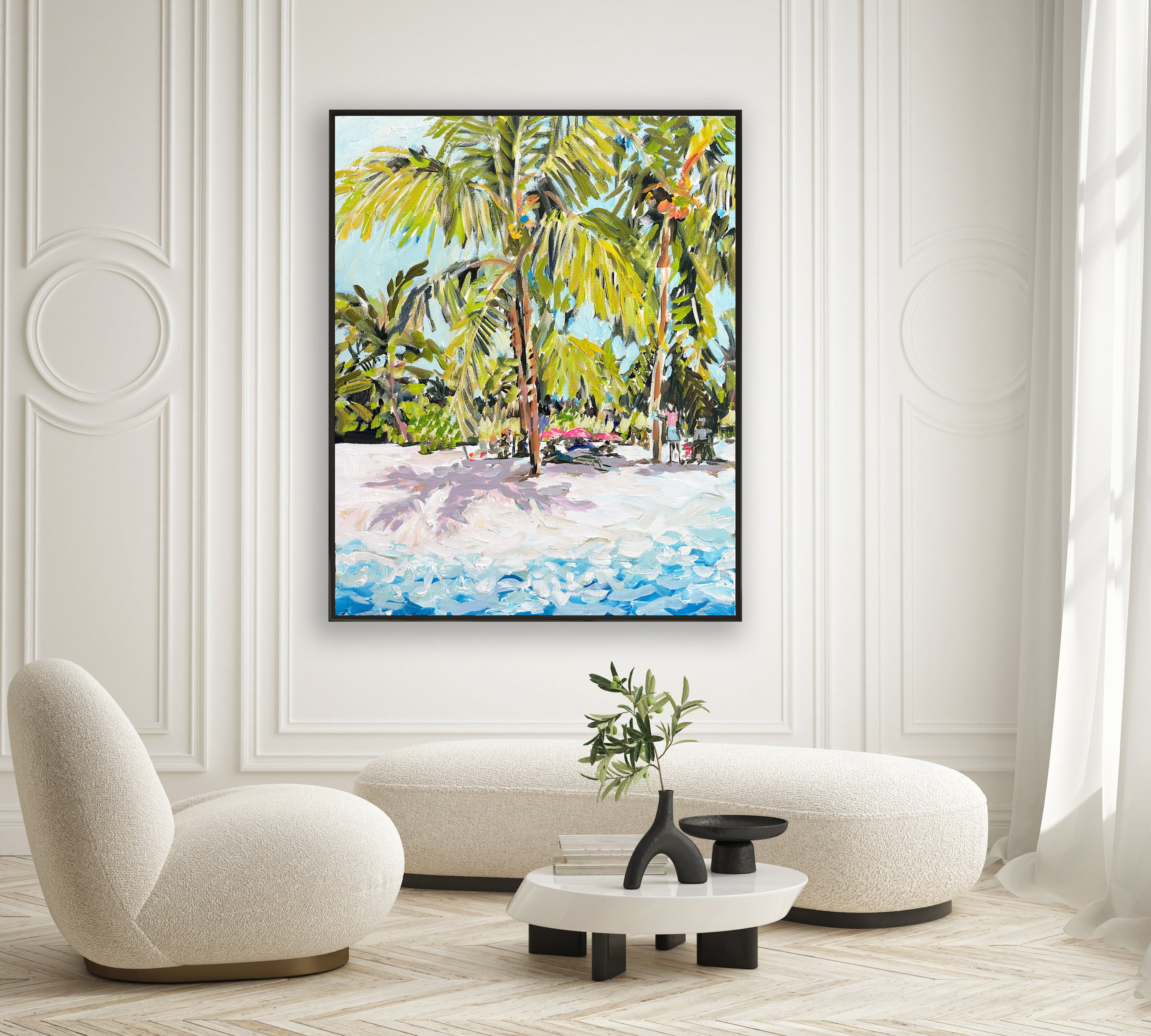 a painting of a tropical beach with palm trees