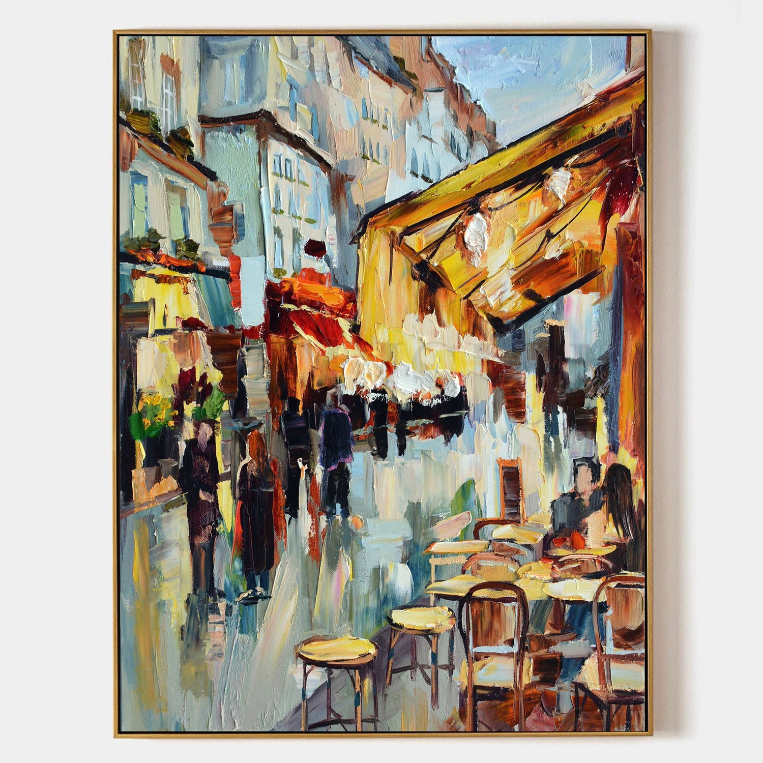 a painting of people walking down a city street