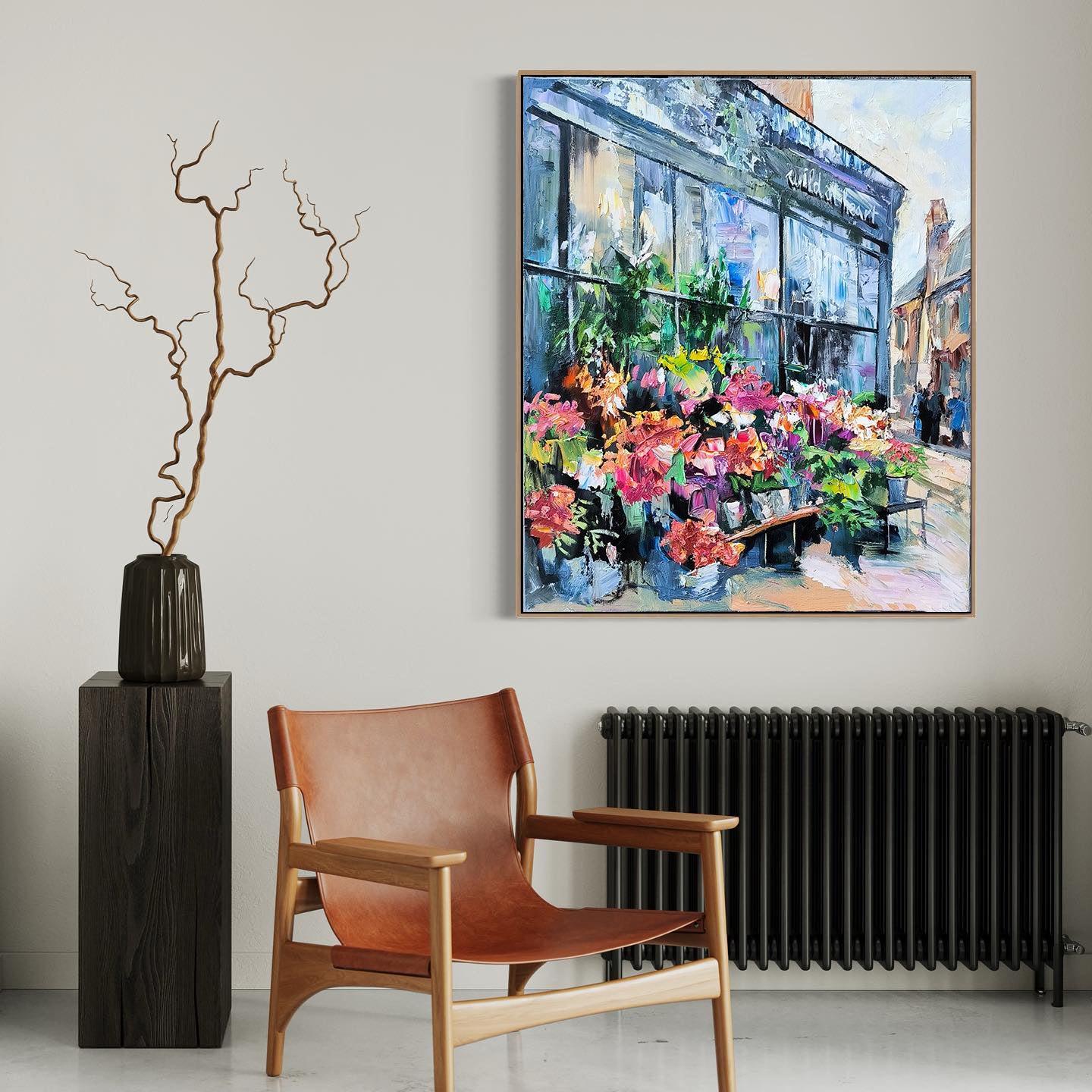 a painting of a flower shop with a chair next to it