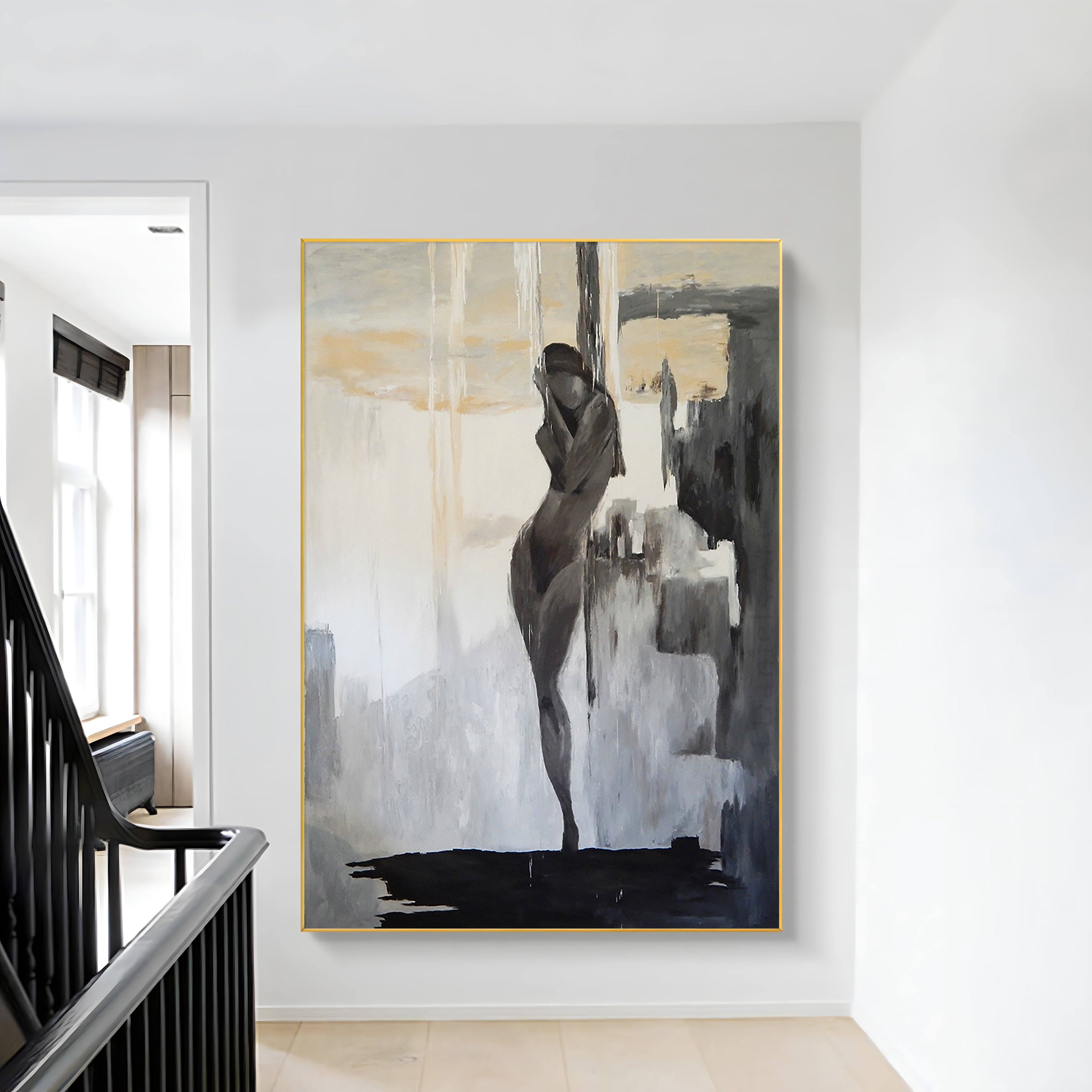 a painting hanging on a wall next to a banister