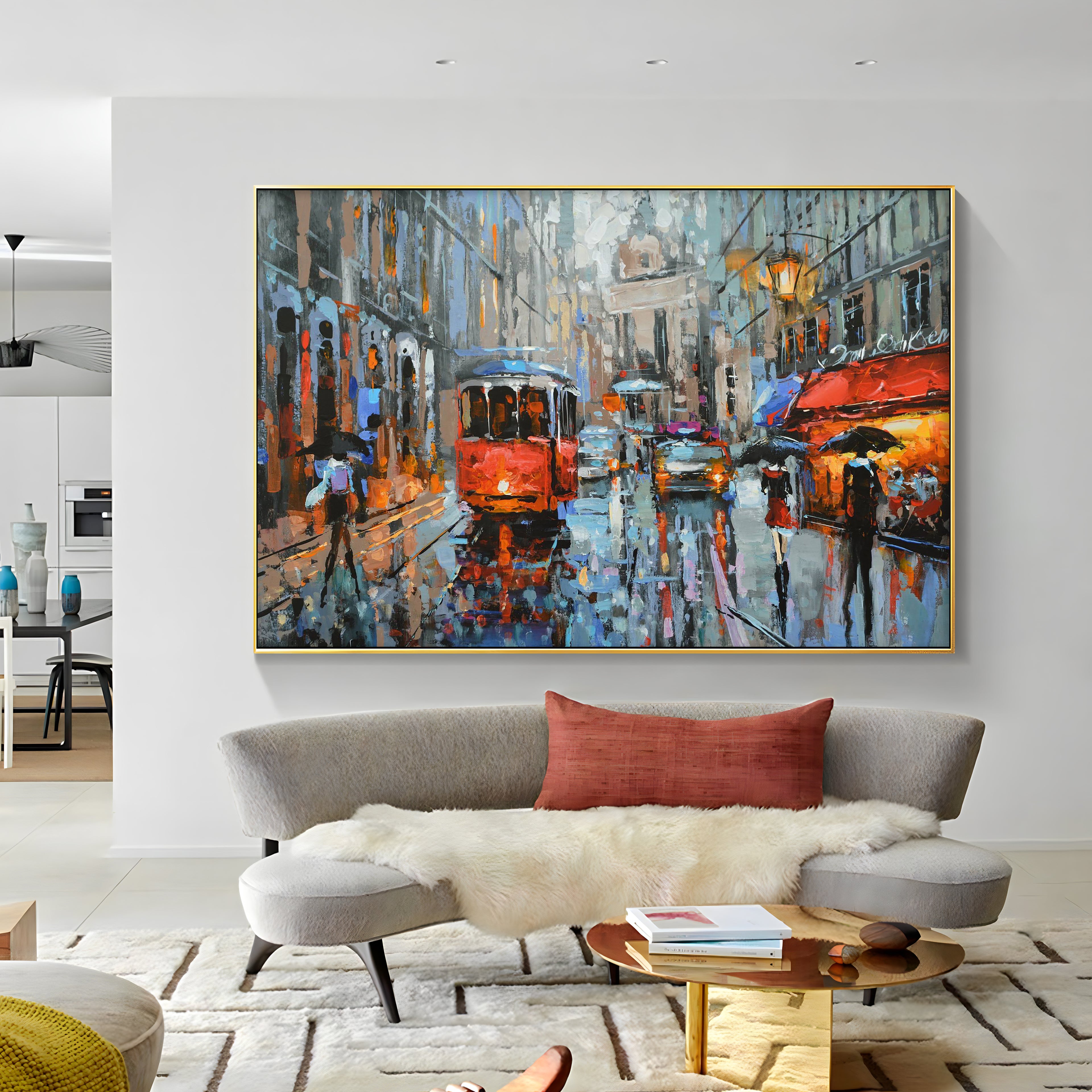 a painting hanging on the wall of a room