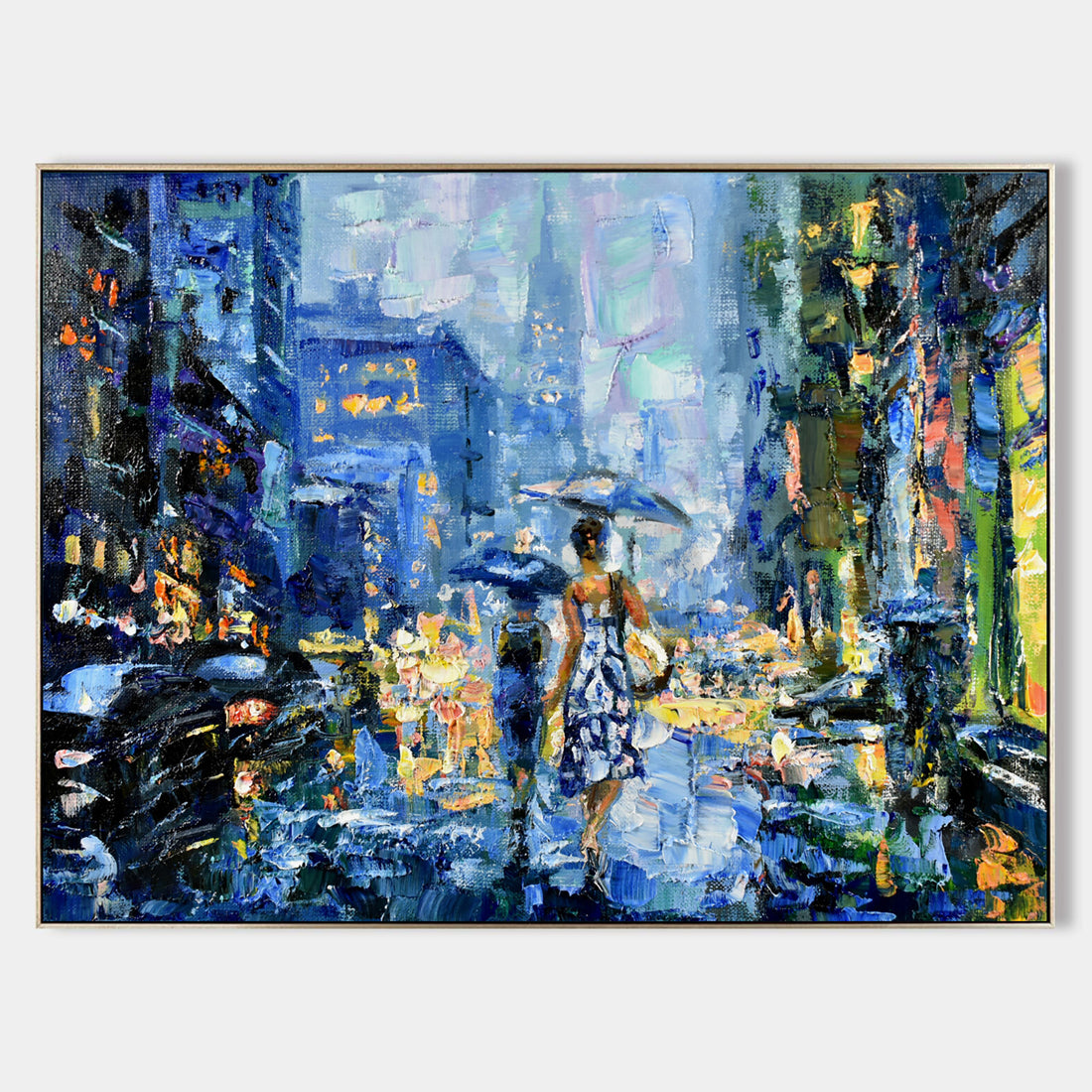 a painting of a couple walking in the rain with an umbrella