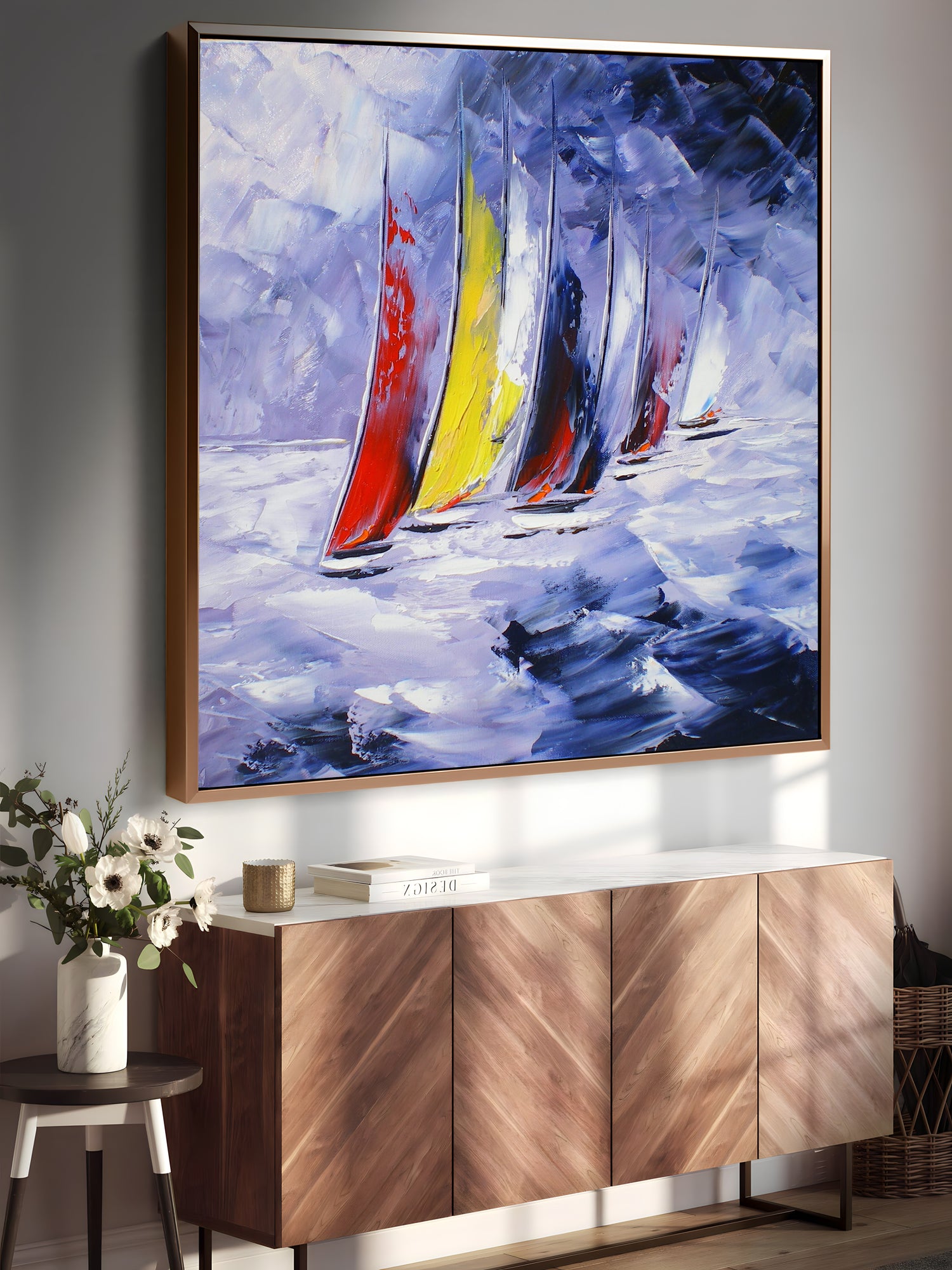 a painting of sailboats in the ocean