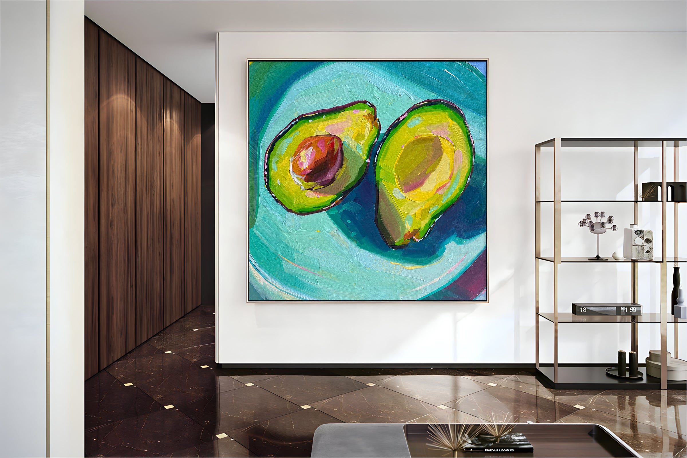 a painting of an avocado on a wall